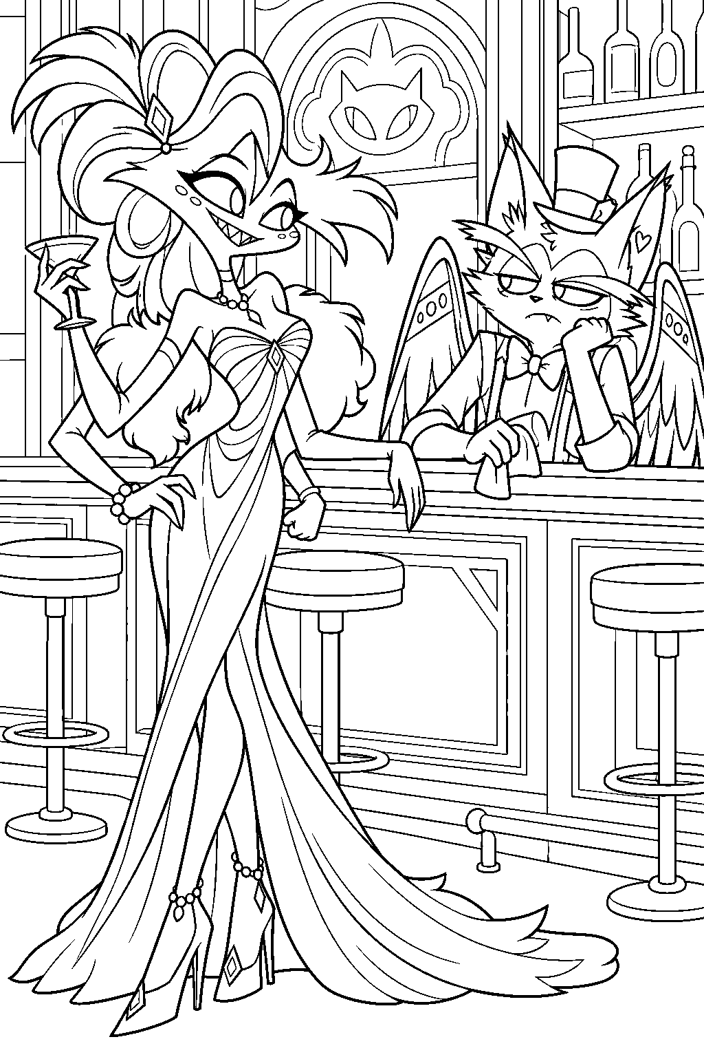 hazbin hotel angel dust in his drag dress talking with husk at magic kat line art
