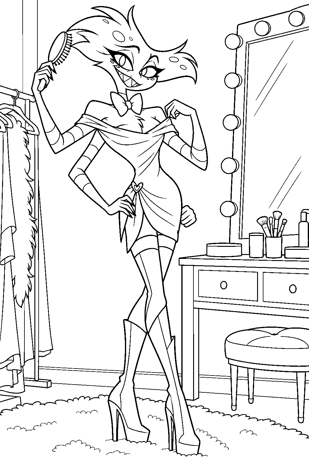 hazbin hotel angel dust in his off the shoulder dress at the addict dressing room mirror line art