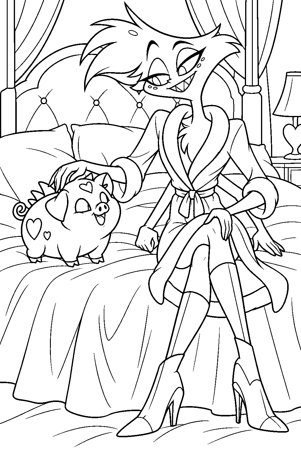 hazbin hotel angel dust in his pink robe stroking fat nuggets on his bedroom bed line art