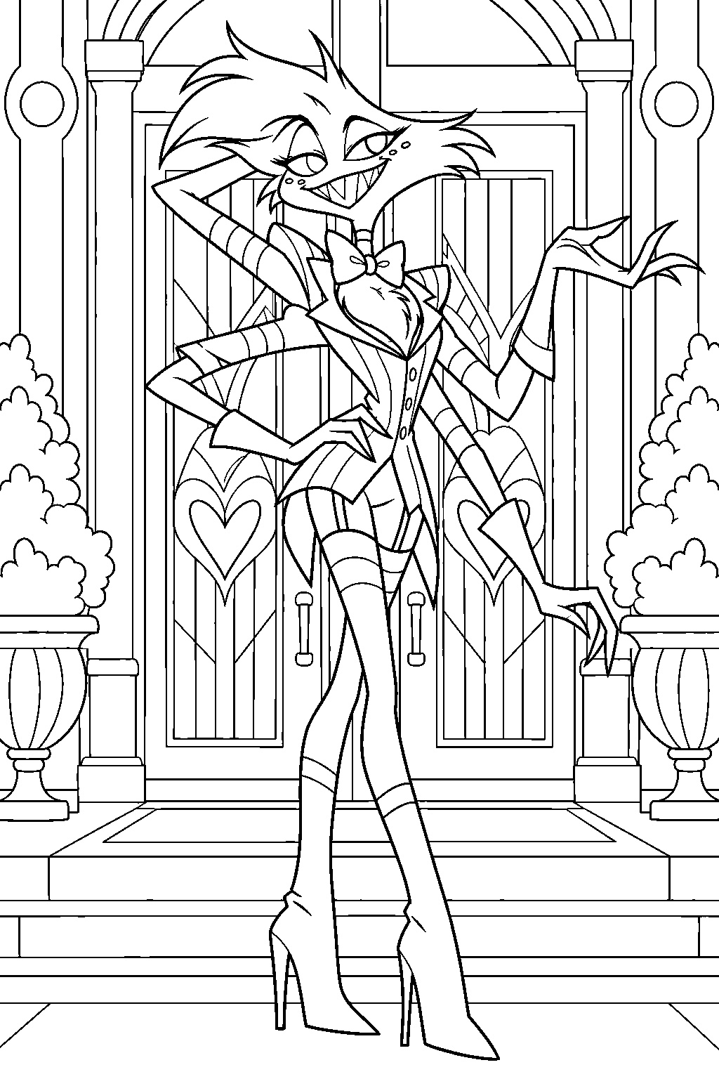 hazbin hotel angel dust in his striped suit at the hotel entrance line art