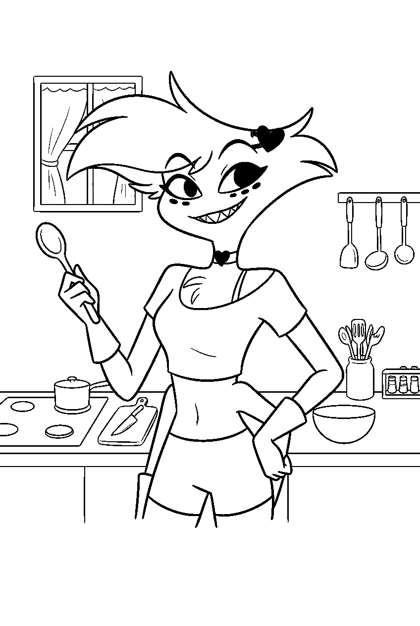 hazbin hotel angel dust in hotel kitchen line art