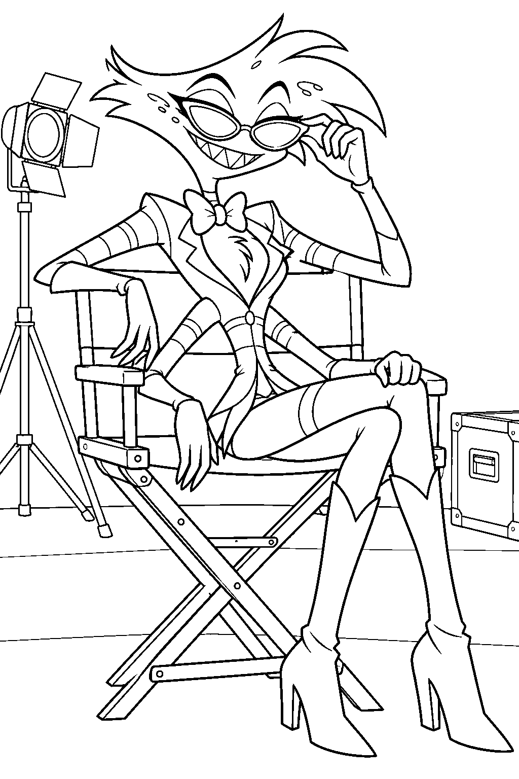 hazbin hotel angel dust in pink sunglasses resting in a studio director s chair line art