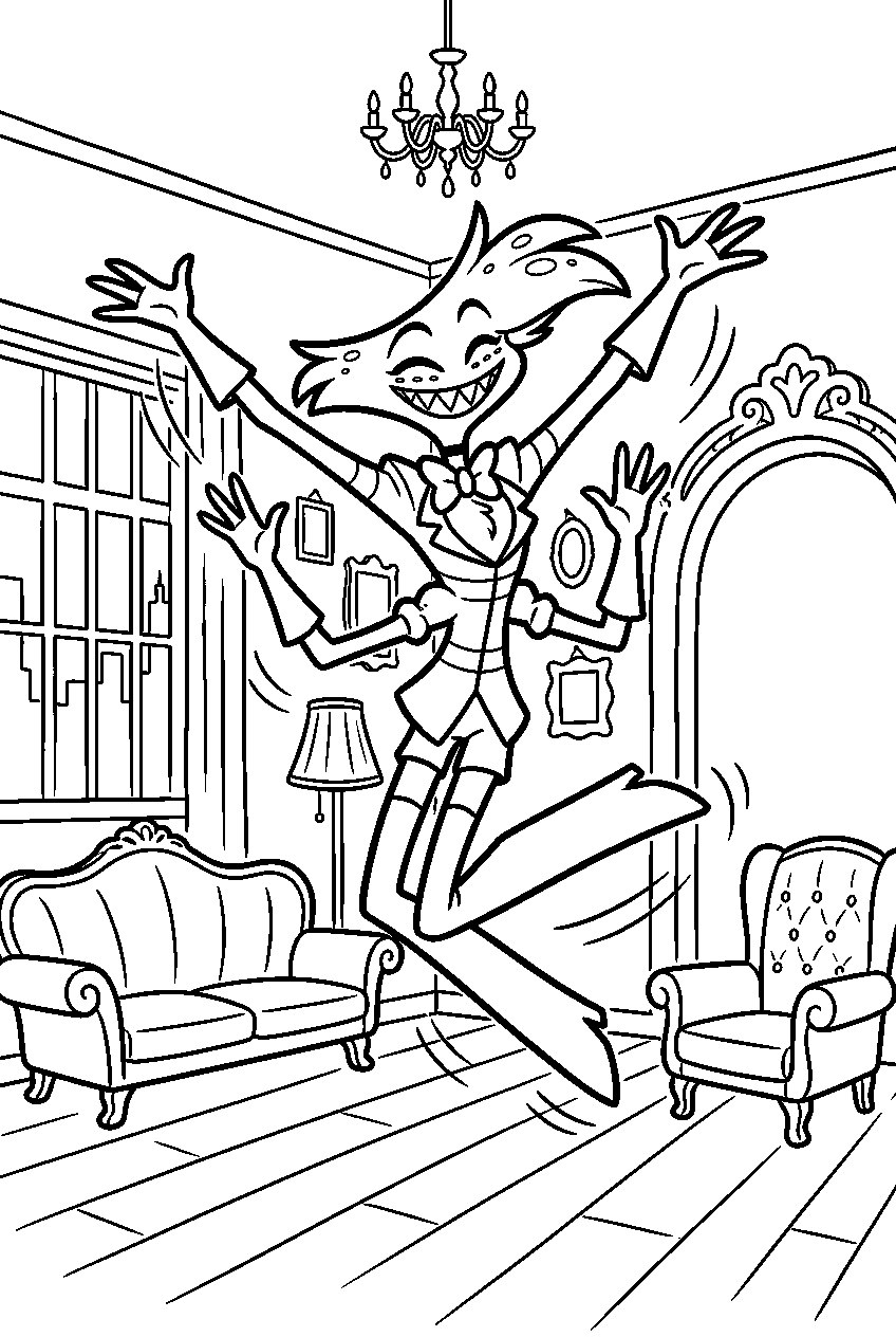 hazbin hotel angel dust jumping in hotel lounge line art