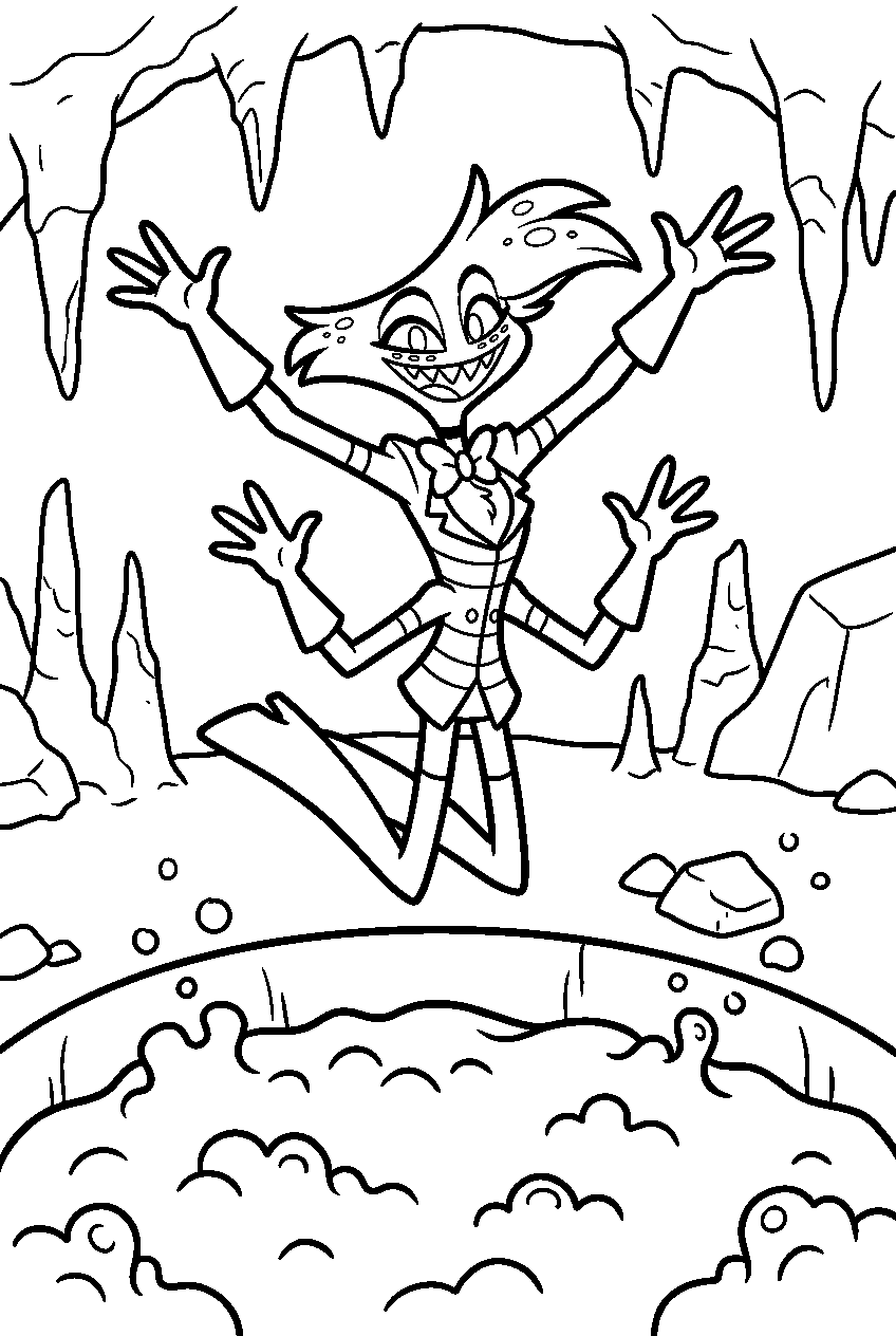 hazbin hotel angel dust jumping in lava cavern line art