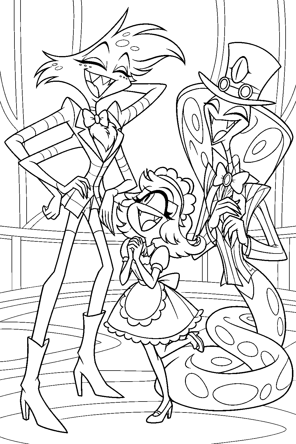 hazbin hotel angel dust laughing with sir pentious and niffty after the trust exercises line art