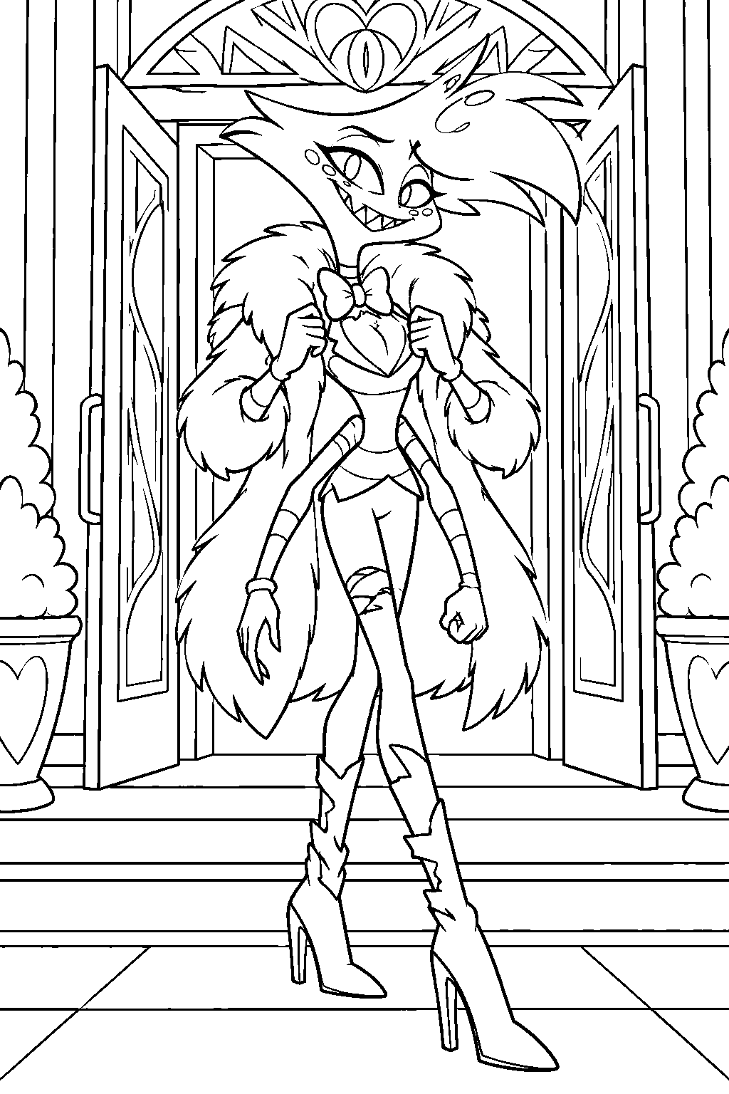 hazbin hotel angel dust leaving the hotel in his pink fur coat and torn boots line art