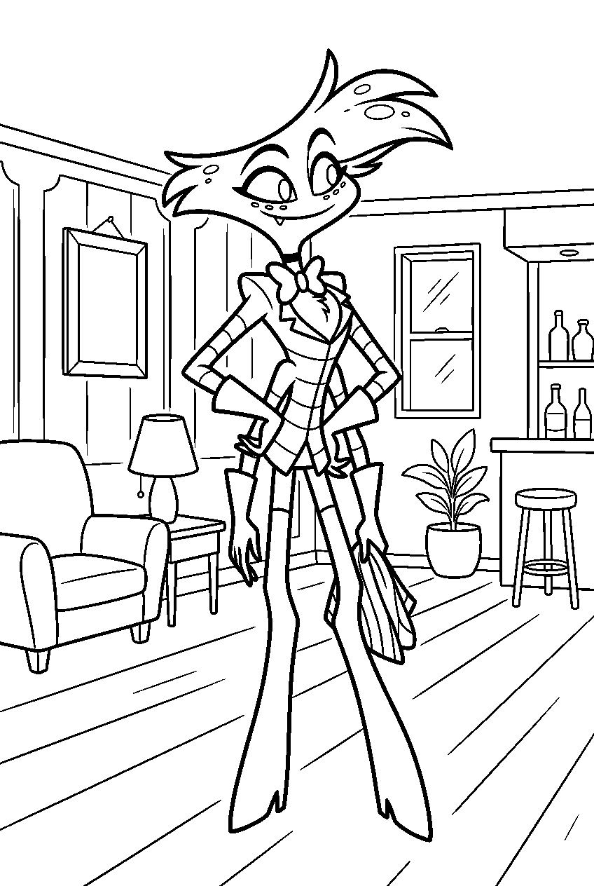 hazbin hotel angel dust looking around in hotel lounge line art