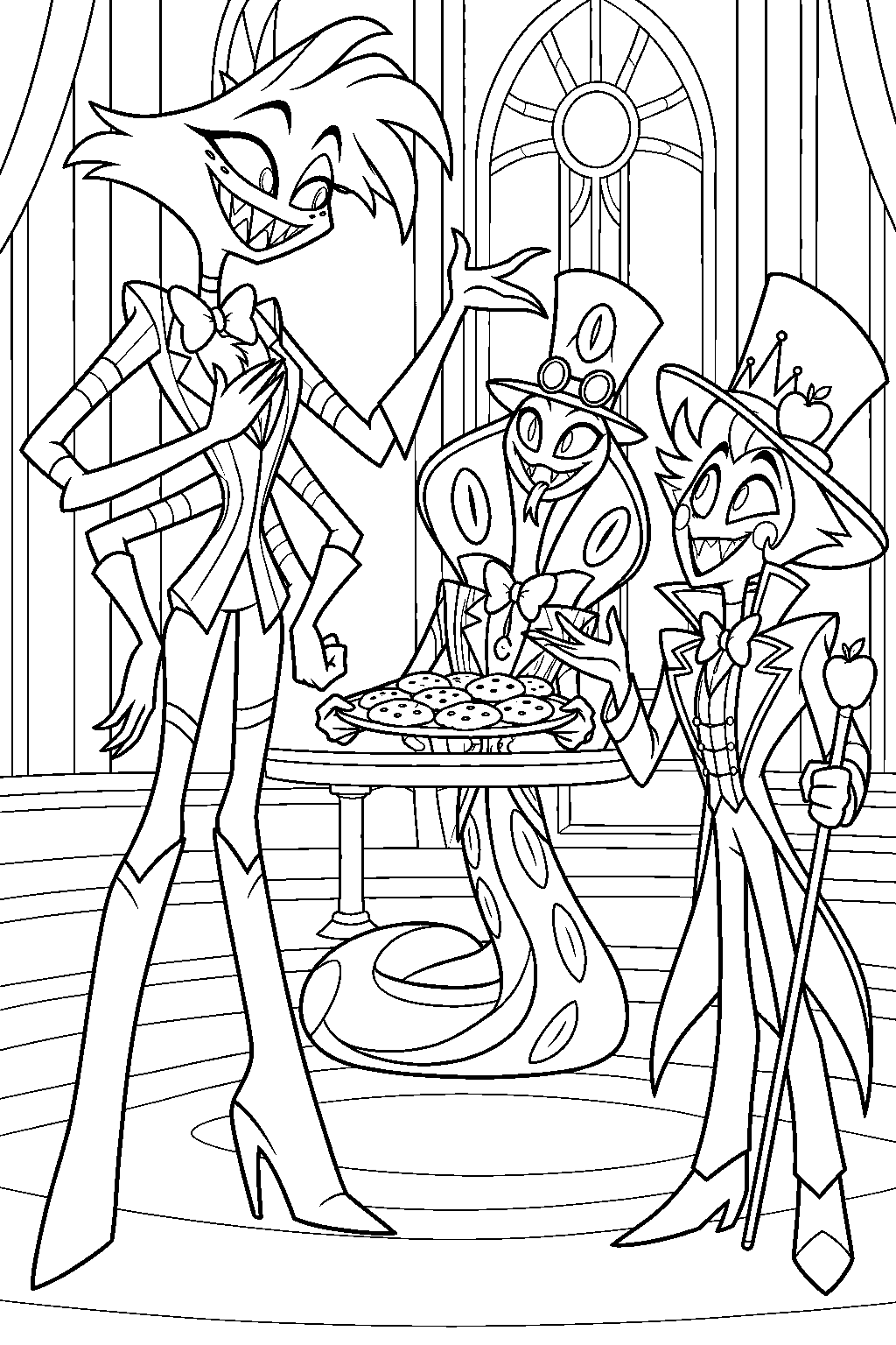 hazbin hotel angel dust meeting lucifer morningstar beside sir pentious cookie tray line art