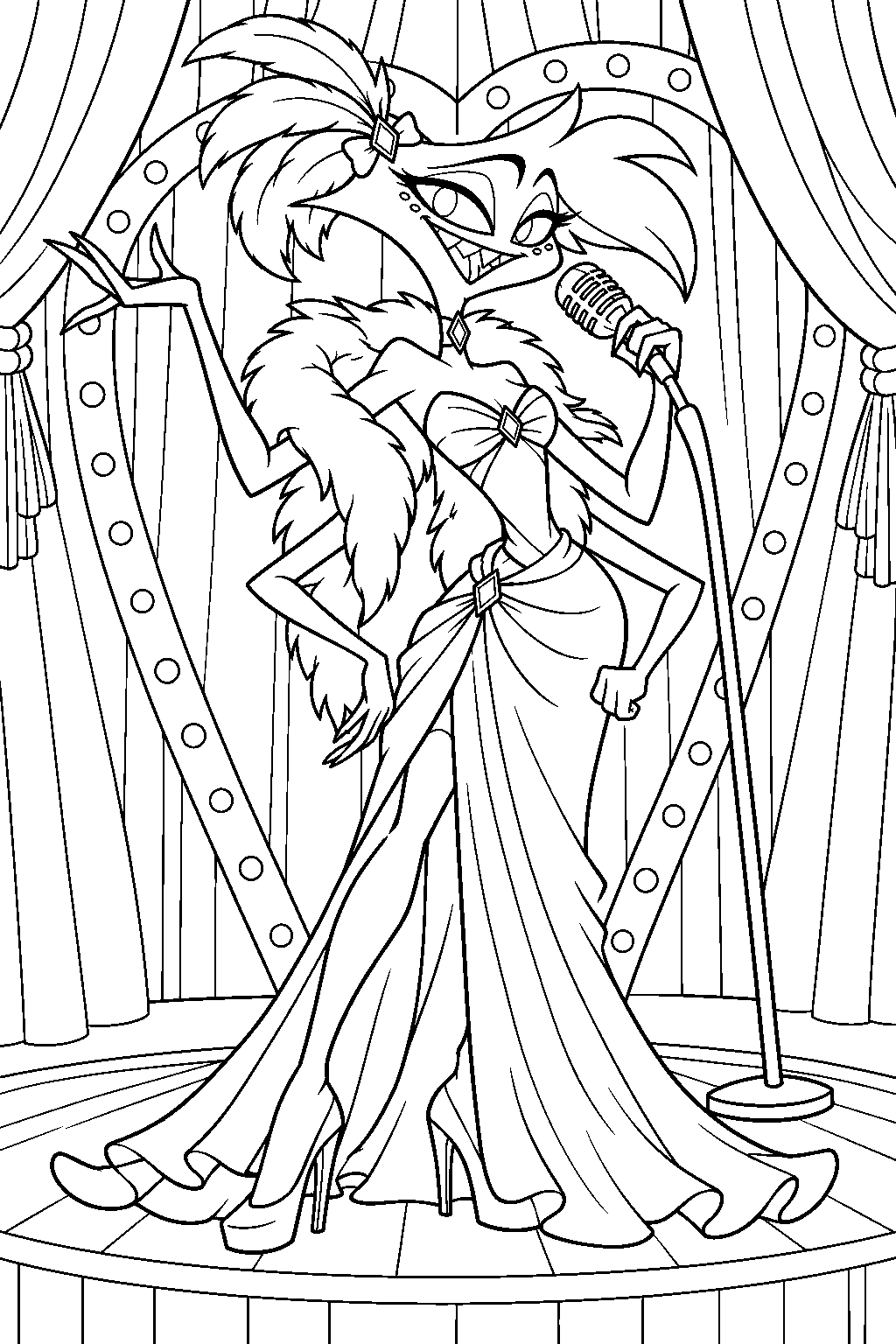 hazbin hotel angel dust performing losin streak in his drag dress at magic kat line art