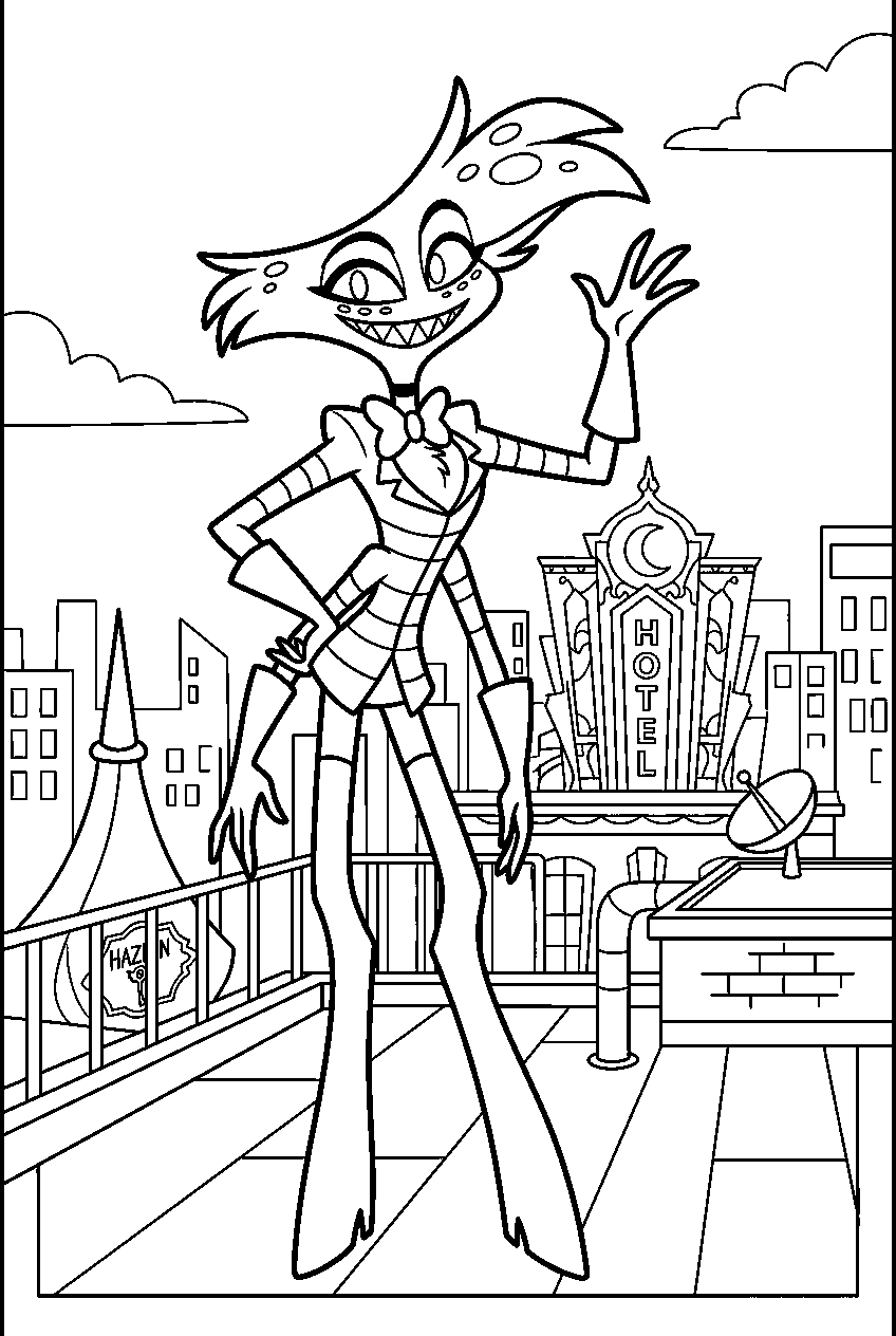 hazbin hotel angel dust posing in hotel rooftop line art