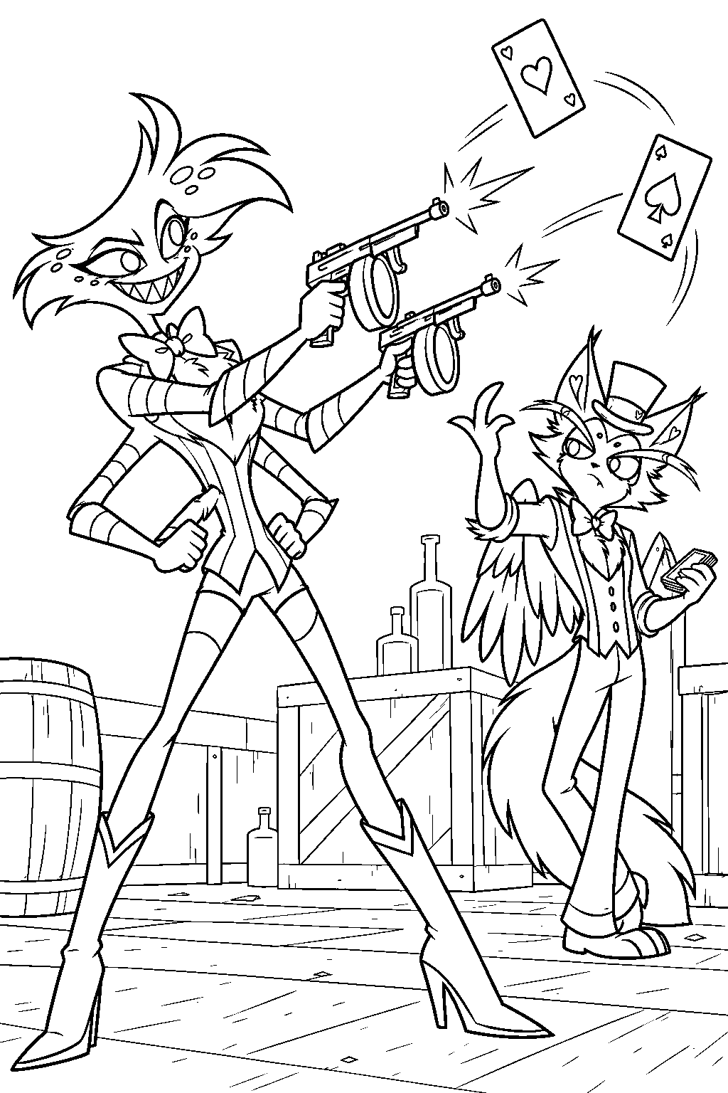 hazbin hotel angel dust practicing with tommy guns while husk throws playing card targets line art