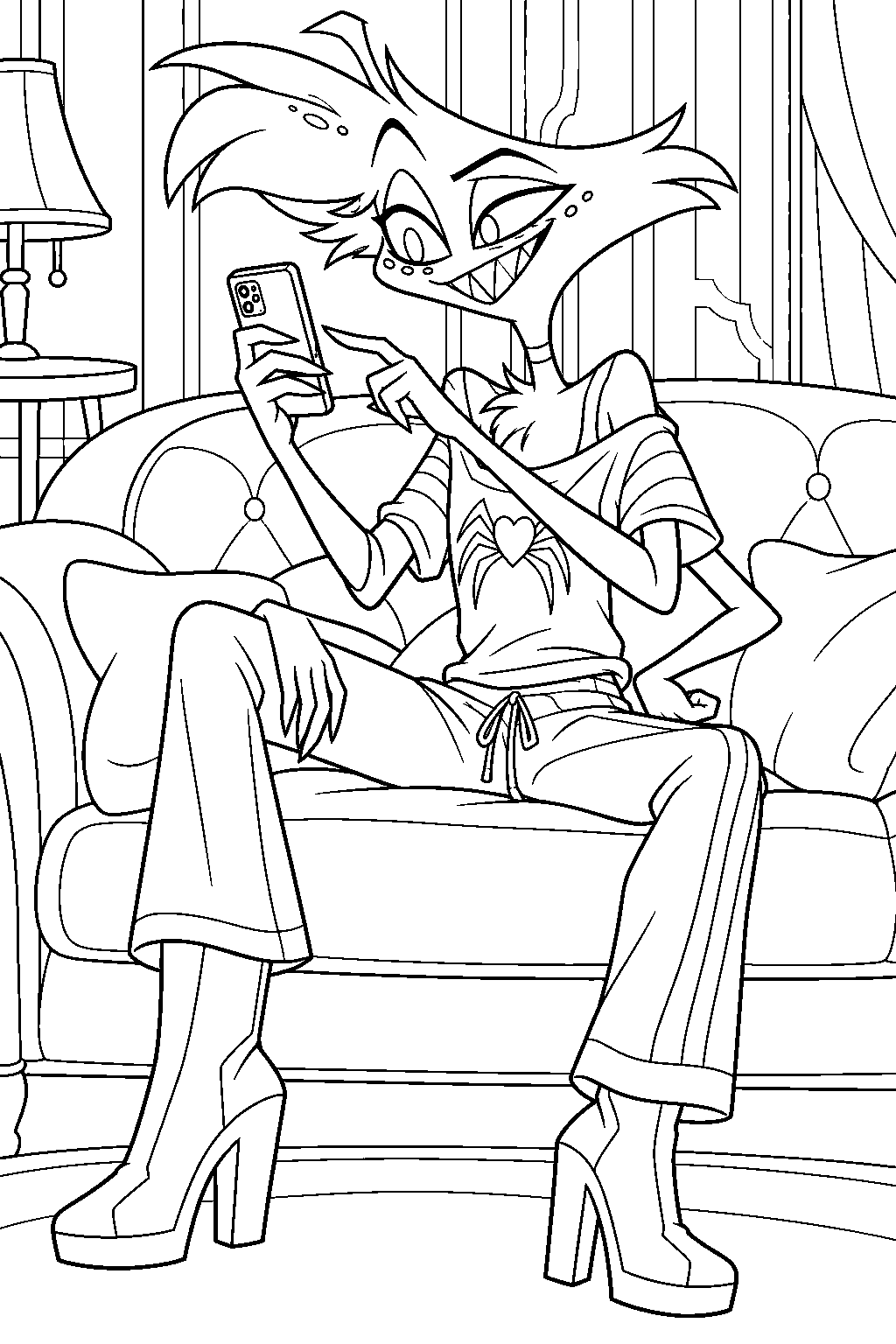 hazbin hotel angel dust reading a text on the hotel sofa in his lounge outfit line art