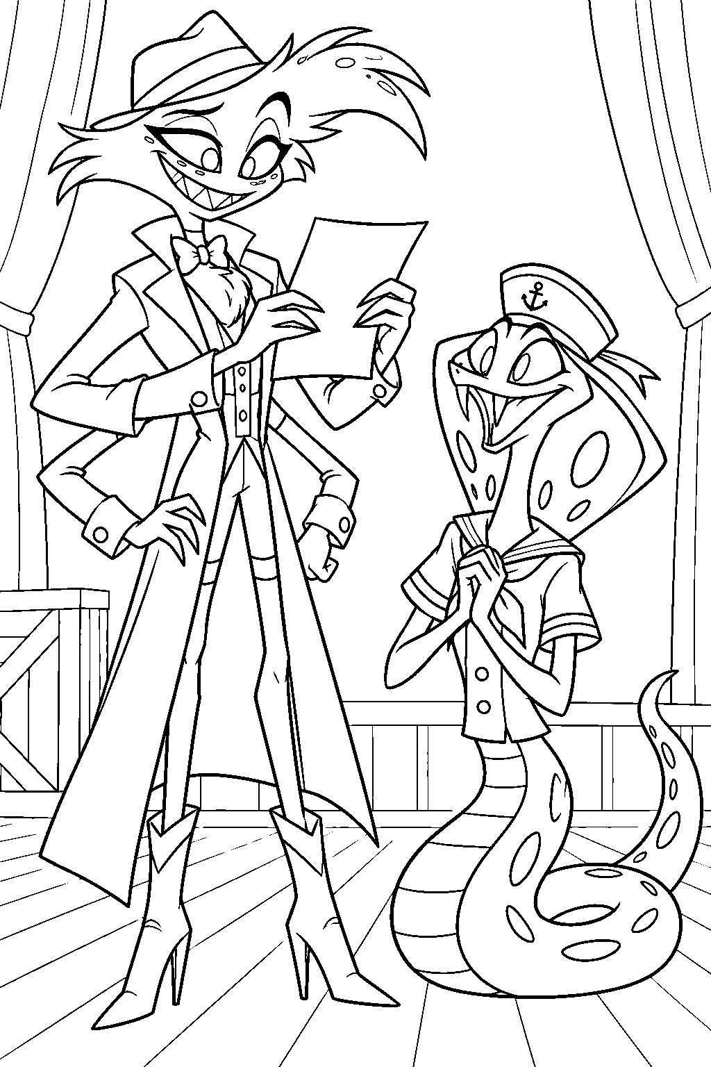 hazbin hotel angel dust rehearsing a skit in a trench coat with sir pentious in a sailor suit line art