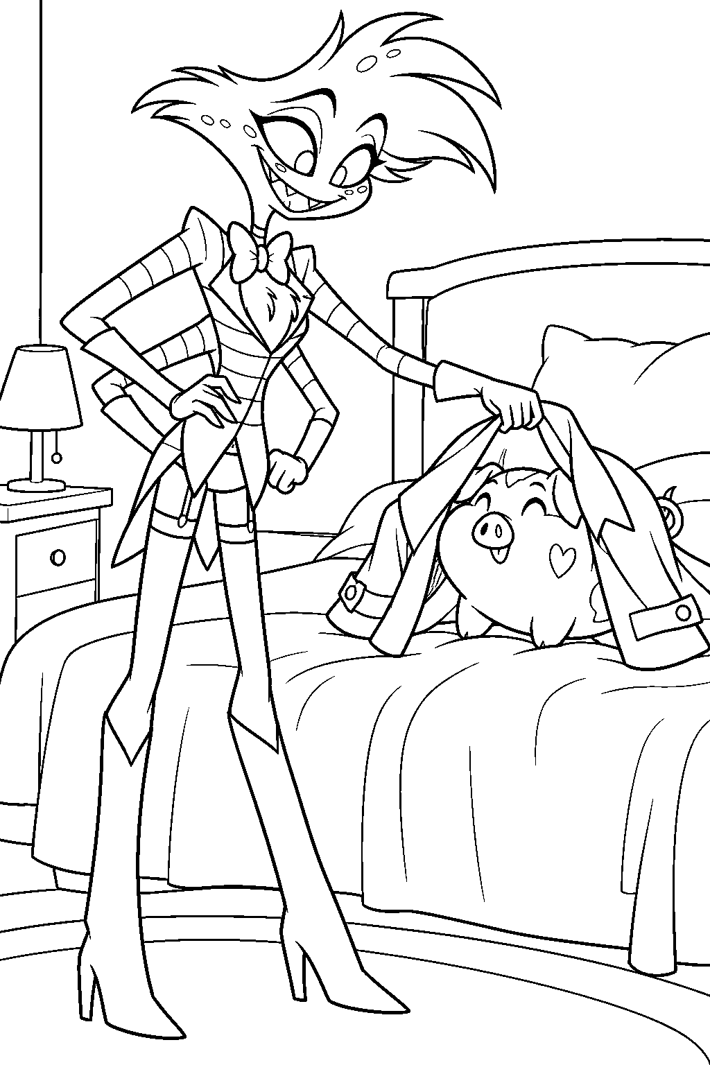 hazbin hotel angel dust removing his trench coat from fat nuggets on the bed line art