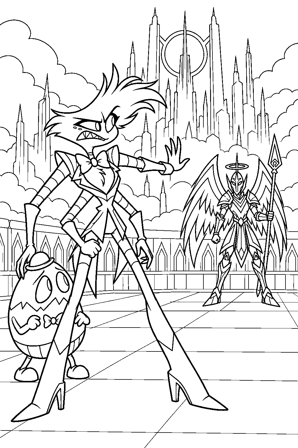 hazbin hotel angel dust rescuing frank the egg boi from an exorcist line art