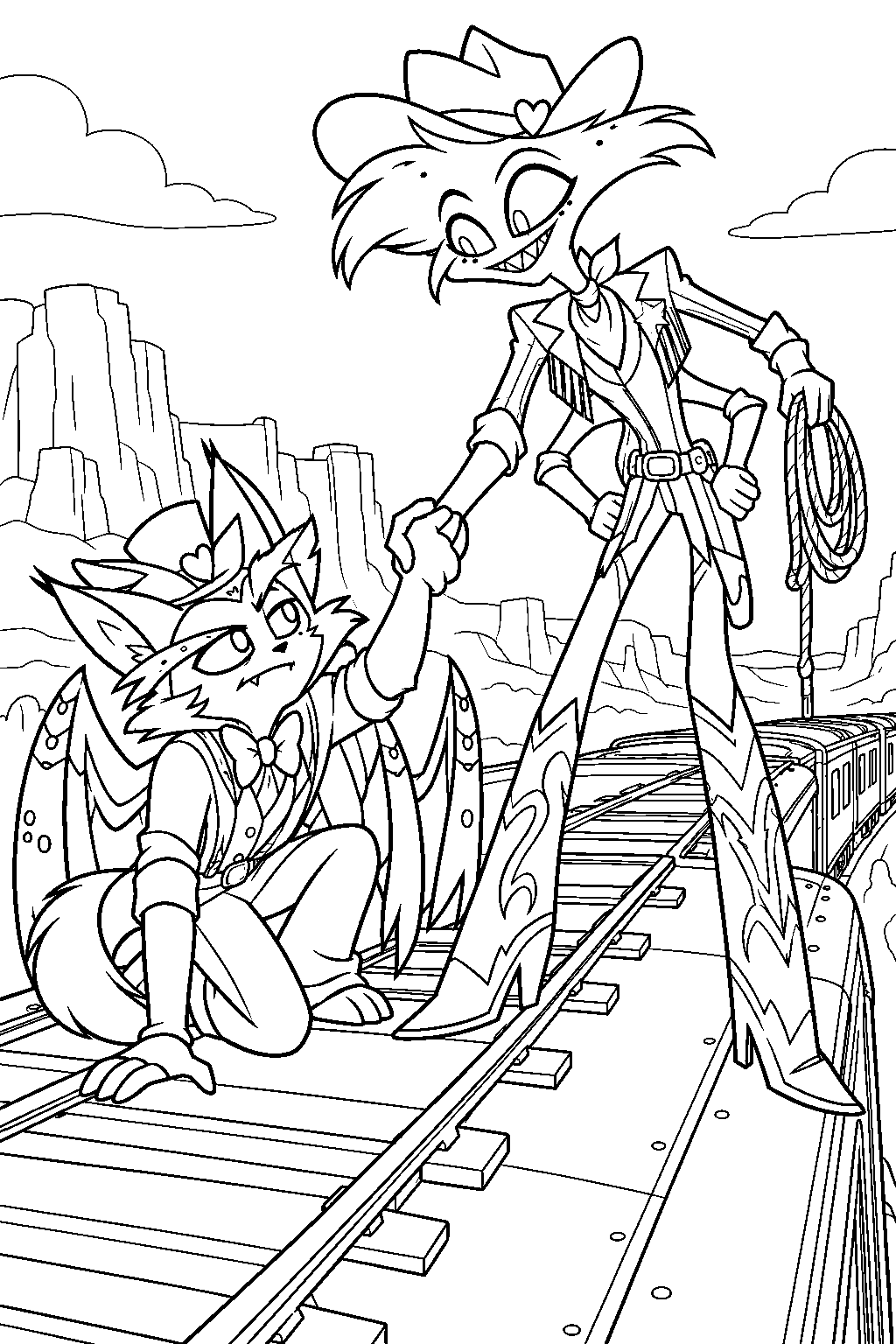 hazbin hotel angel dust rescuing husk from the rooftop train tracks in his cowboy outfit line art