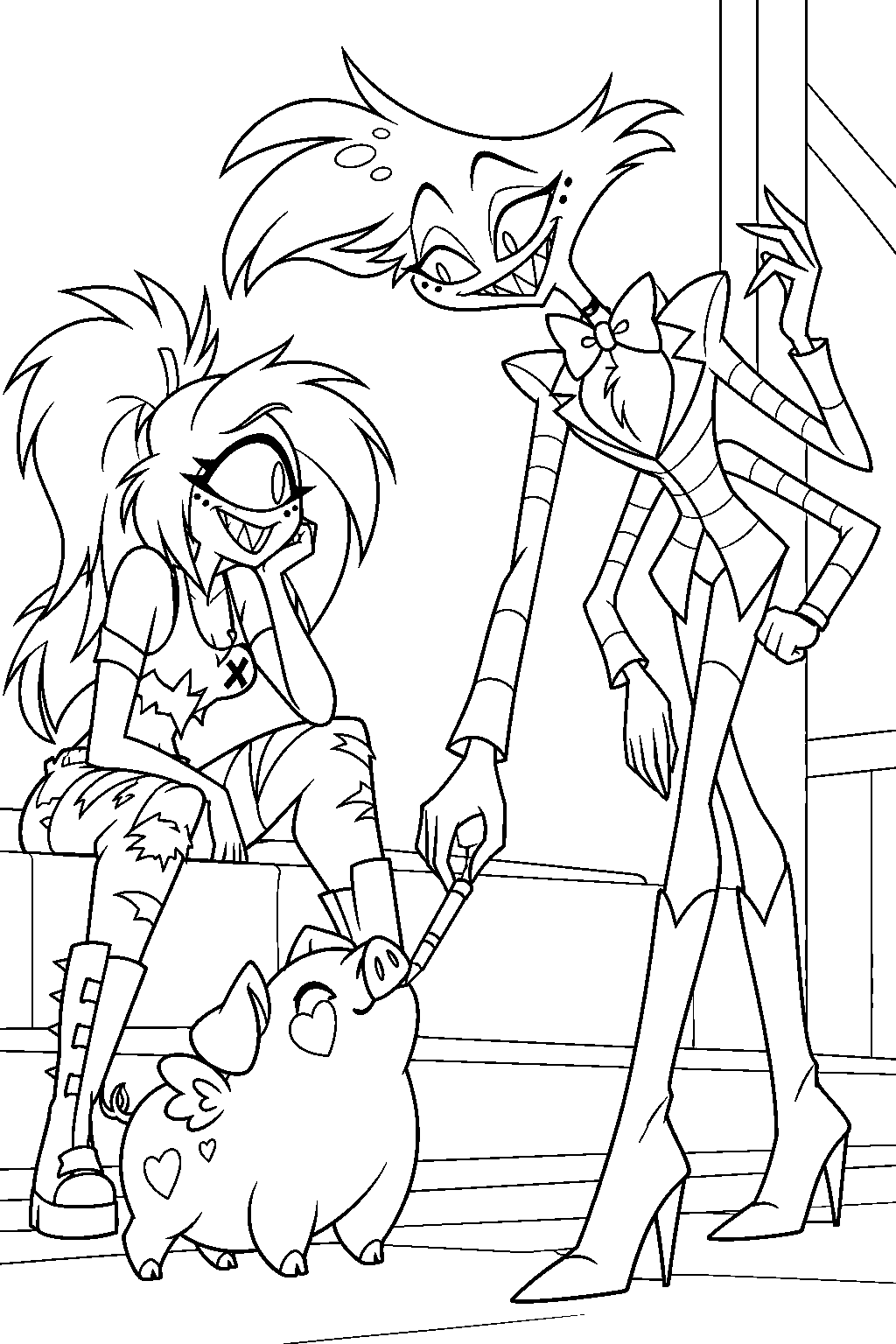 hazbin hotel angel dust retrieving a makeup pencil from fat nuggets beside cherri bomb line art