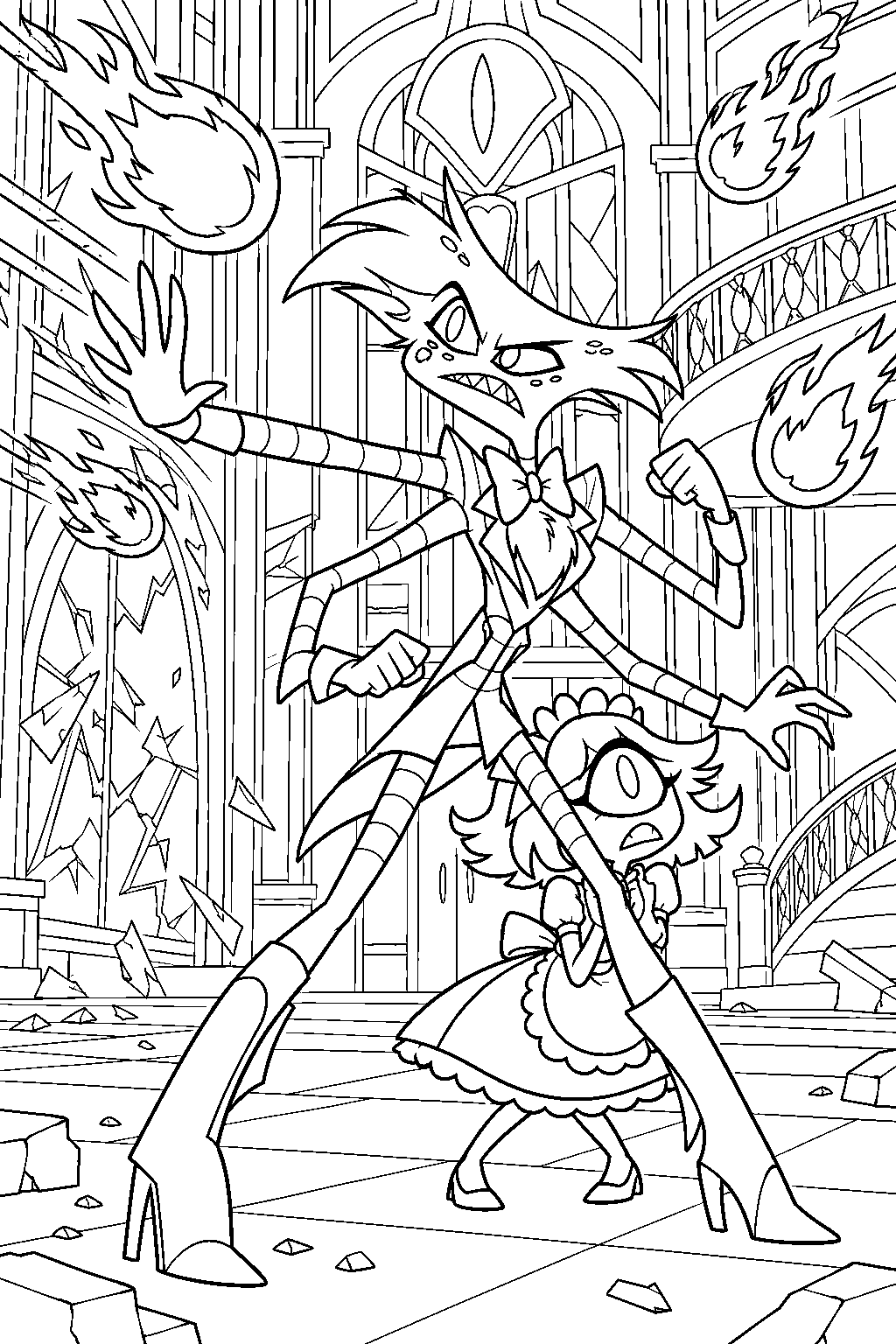 hazbin hotel angel dust shielding niffty from fireballs in the hotel lobby line art