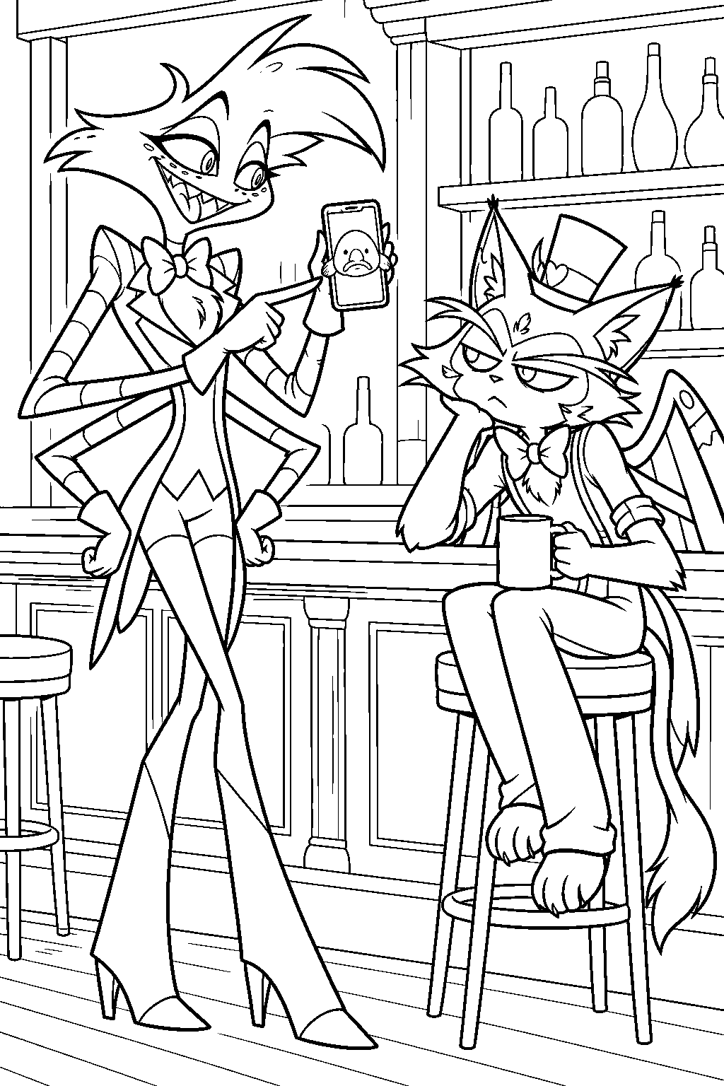 hazbin hotel angel dust showing husk a blobfish photo on his phone line art