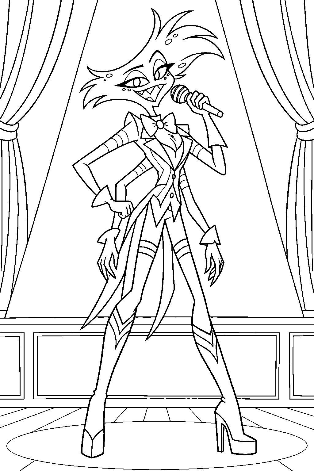 hazbin hotel angel dust singing poison beneath a studio spotlight line art