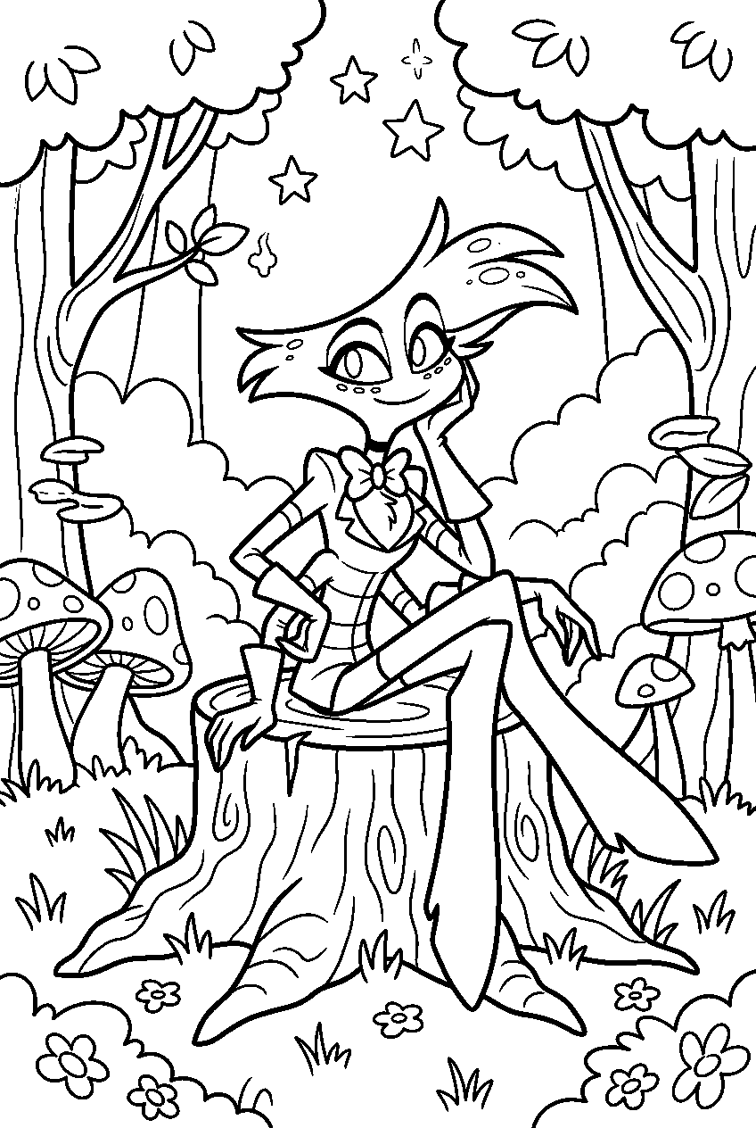 hazbin hotel angel dust sitting in magical forest line art