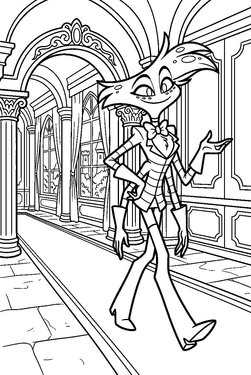 hazbin hotel angel dust walking in royal palace line art