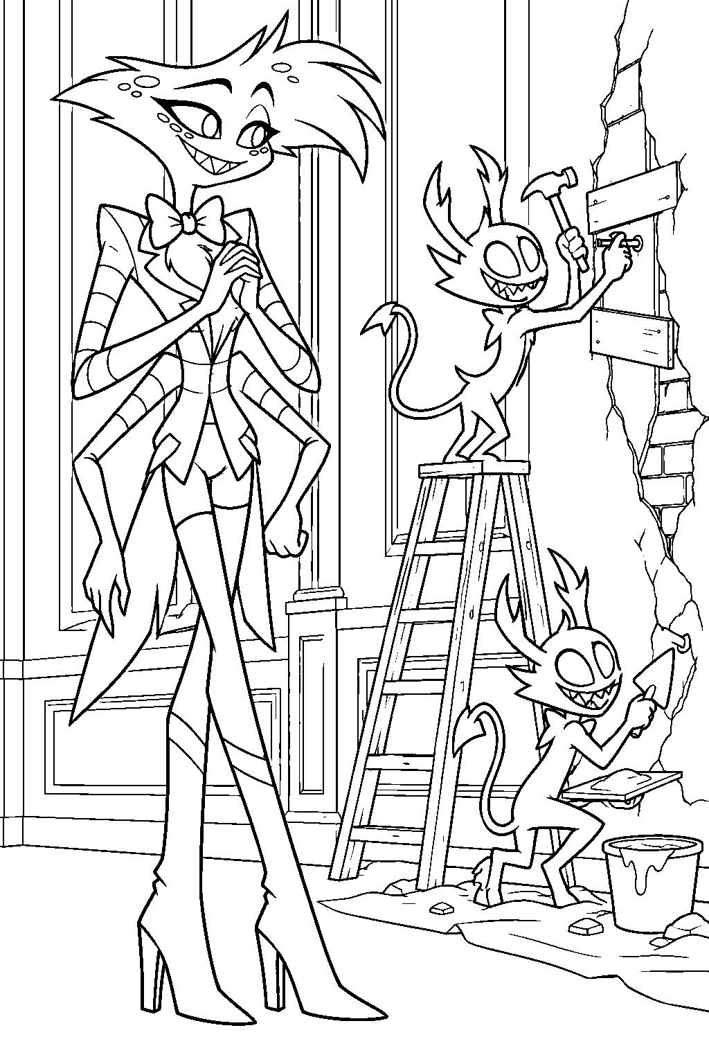 hazbin hotel angel dust watching alastor s shadow creatures repair the hotel wall line art