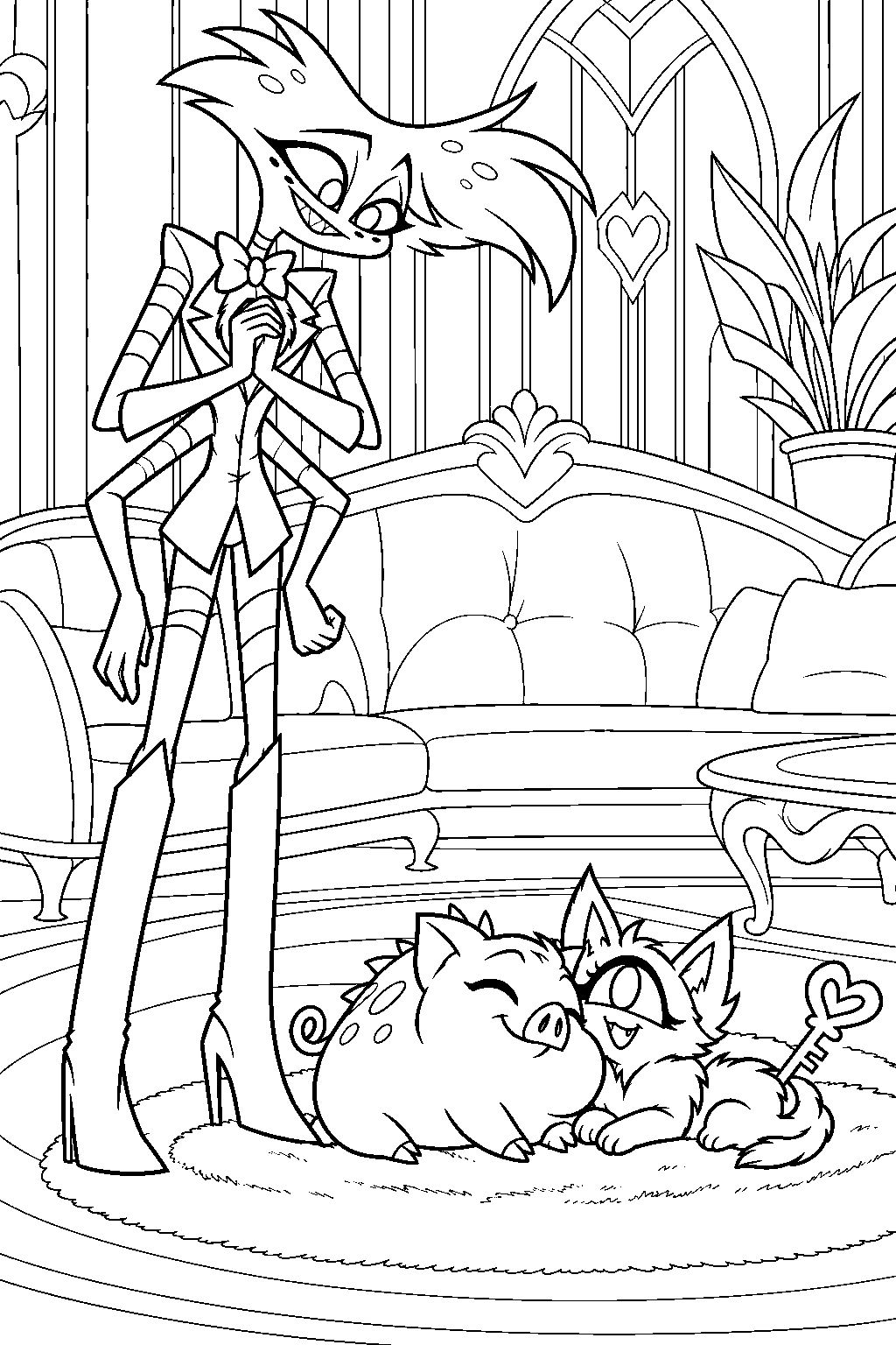 hazbin hotel angel dust watching fat nuggets cuddle with keekee in the hotel lounge line art