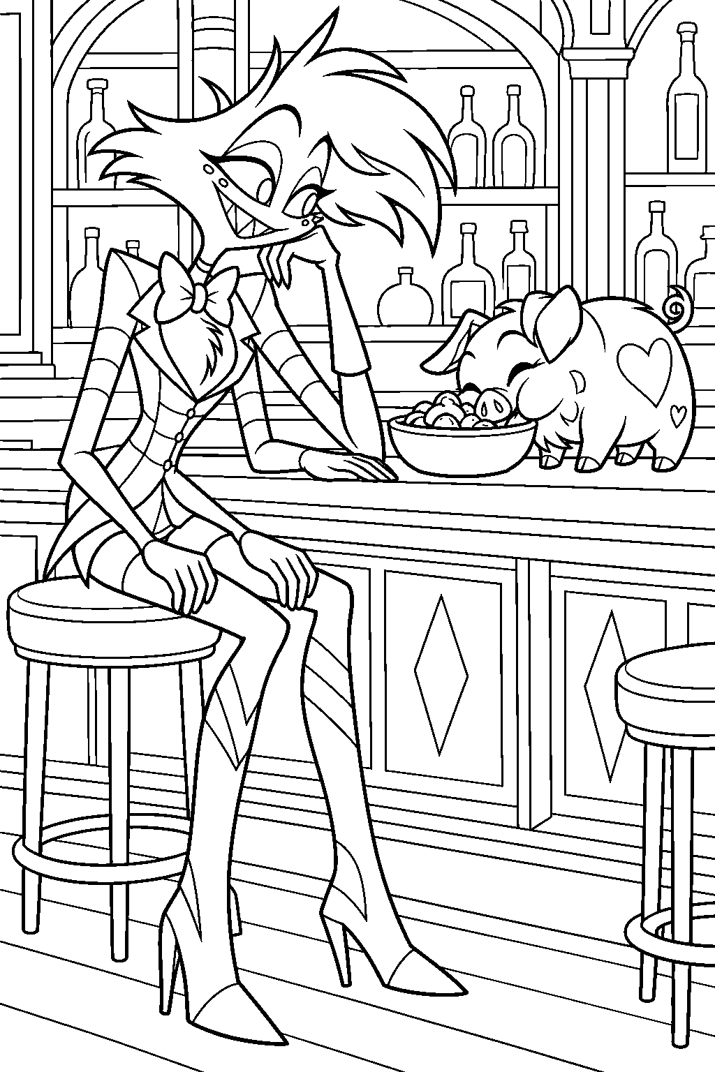 hazbin hotel angel dust watching fat nuggets eat from the snack bowl at husk s bar line art