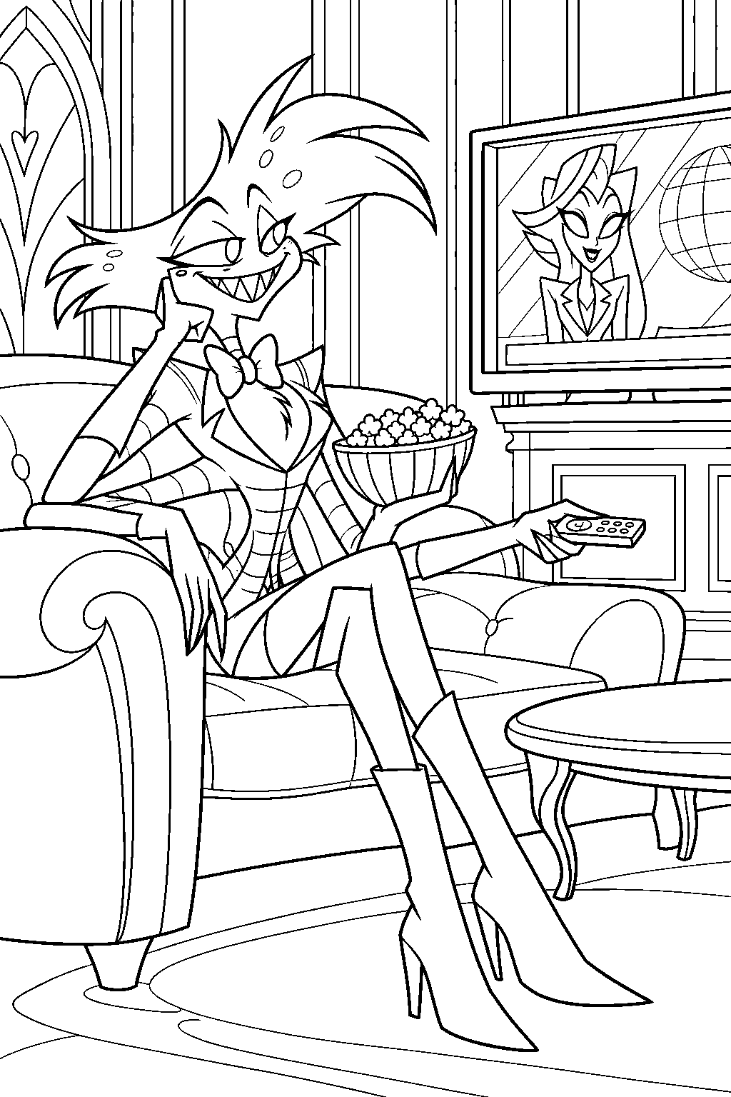 hazbin hotel angel dust watching the breaking news broadcast in the hotel lounge line art