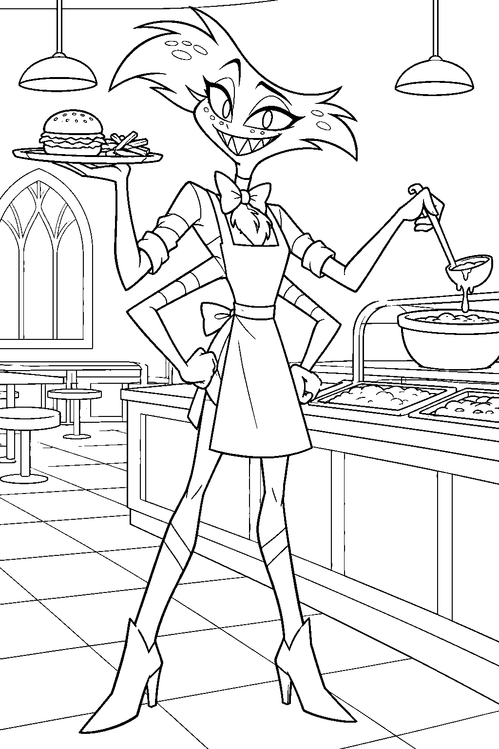 hazbin hotel angel dust wearing an apron while serving food in the hotel cafeteria line art