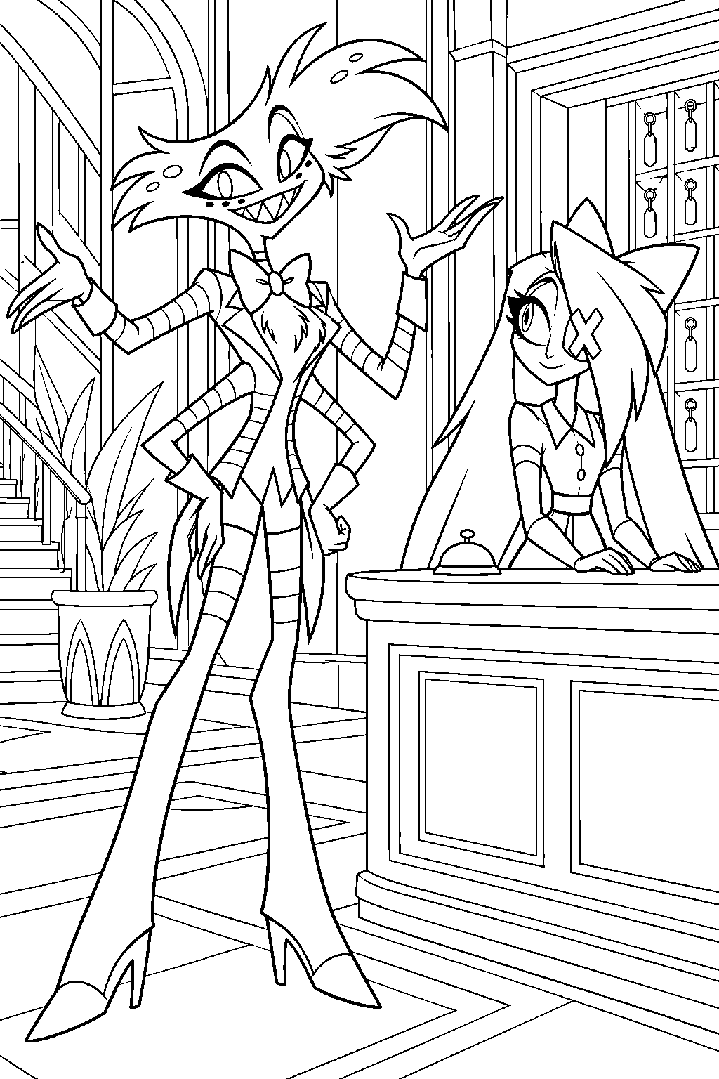 hazbin hotel angel dust welcoming new guests beside vaggie s reception desk line art