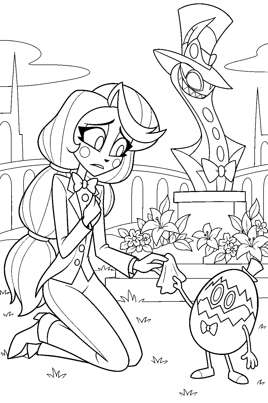 charlie morningstar accepting a tissue from frank the egg boi beside sir pentious s memorial line art