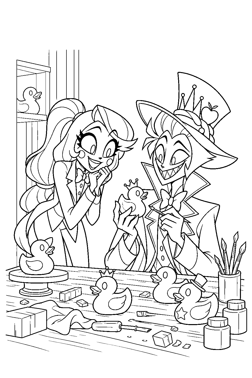 charlie morningstar admiring lucifer s handmade rubber ducks at his workbench line art