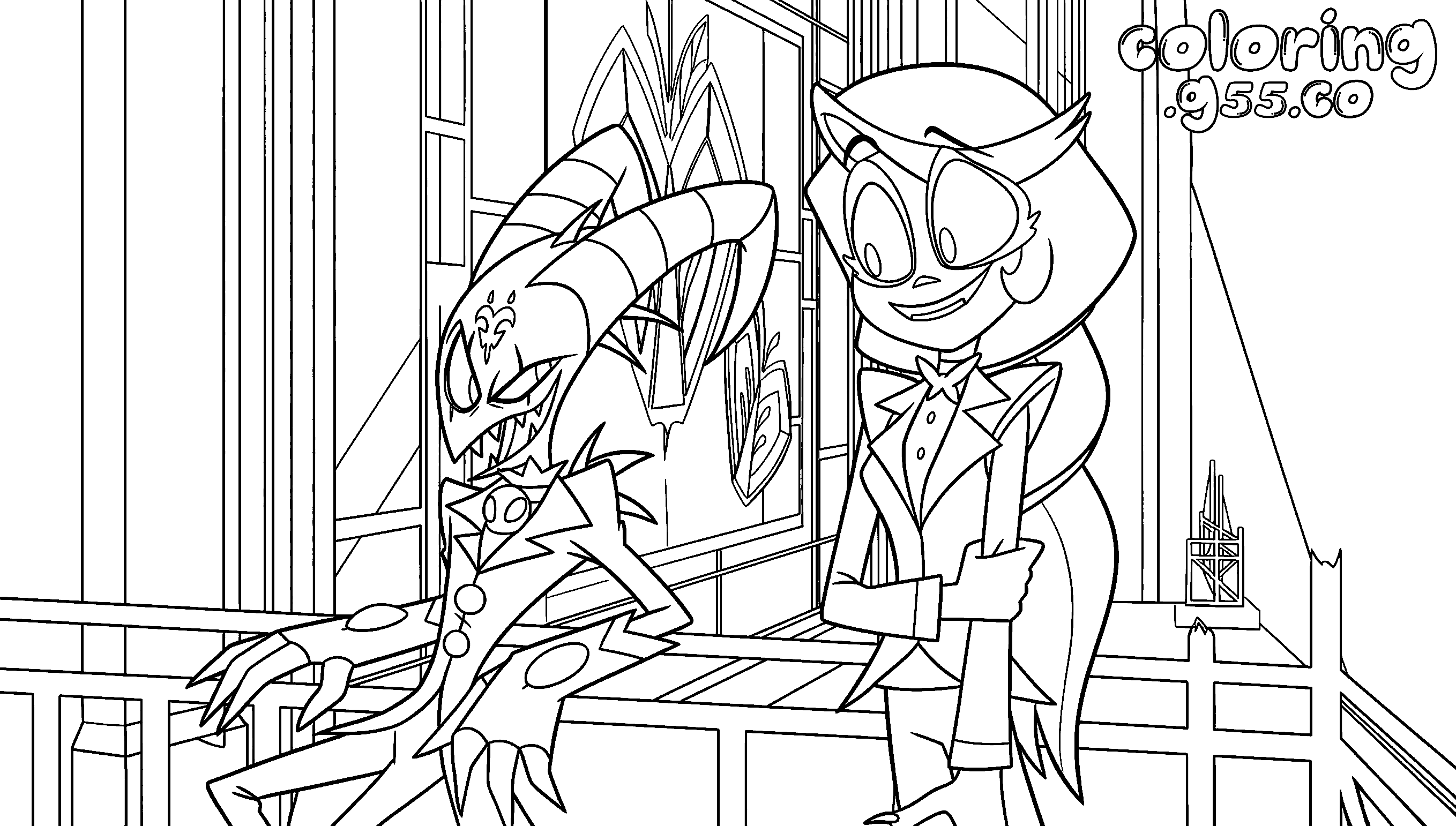charlie morningstar and blitzo hotel balcony interior hazbin hotel line art for kids