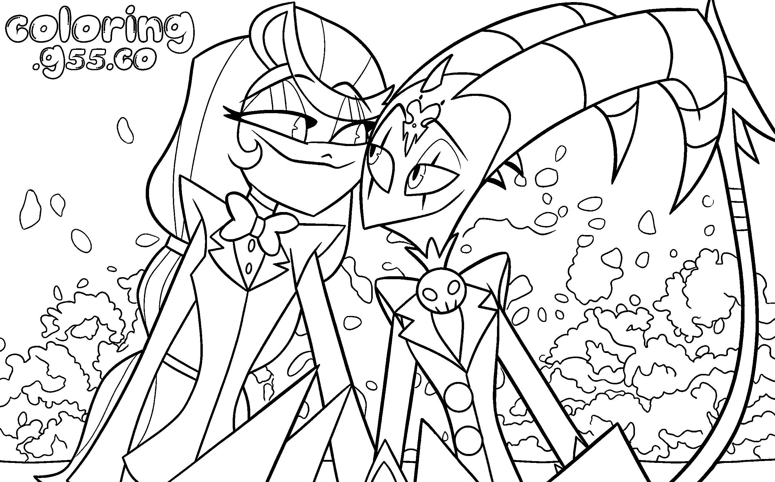 charlie morningstar and blitzo smiling together crossover hazbin hotel line art for kids
