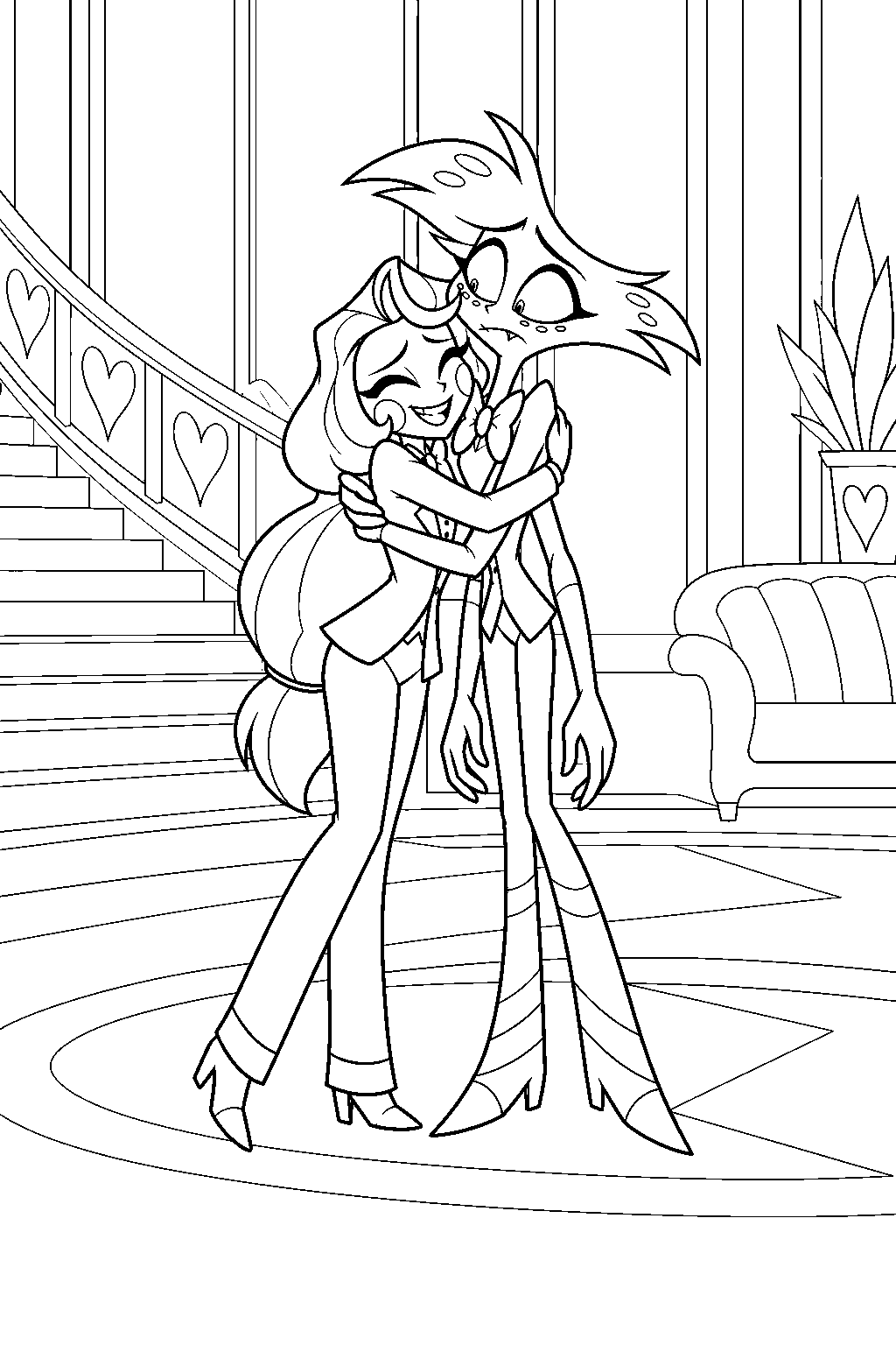 charlie morningstar apologizing to angel dust with a hug in the hotel lobby line art