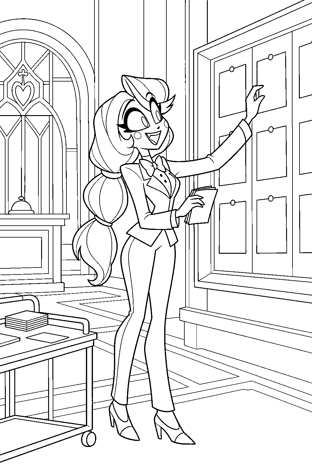 charlie morningstar arranging redemption schedules on her planning wall in the hotel lobby line art