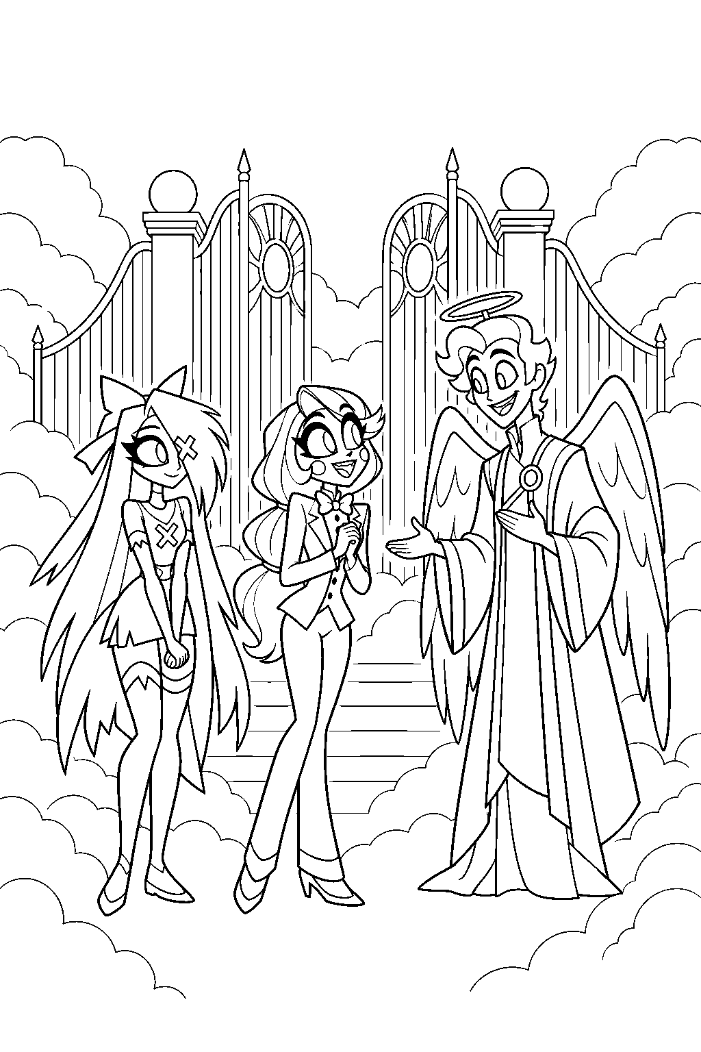 charlie morningstar arriving with vaggie at heaven s gates as saint peter welcomes them line art