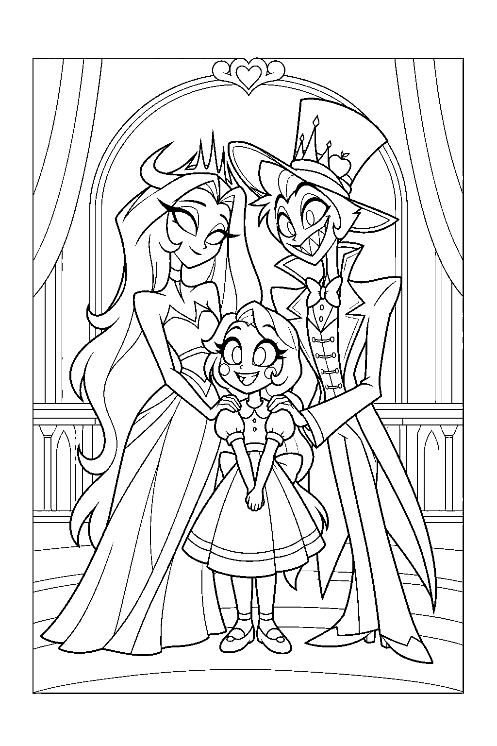 charlie morningstar as a child posing with lilith and lucifer for the morningstar family portrait line art