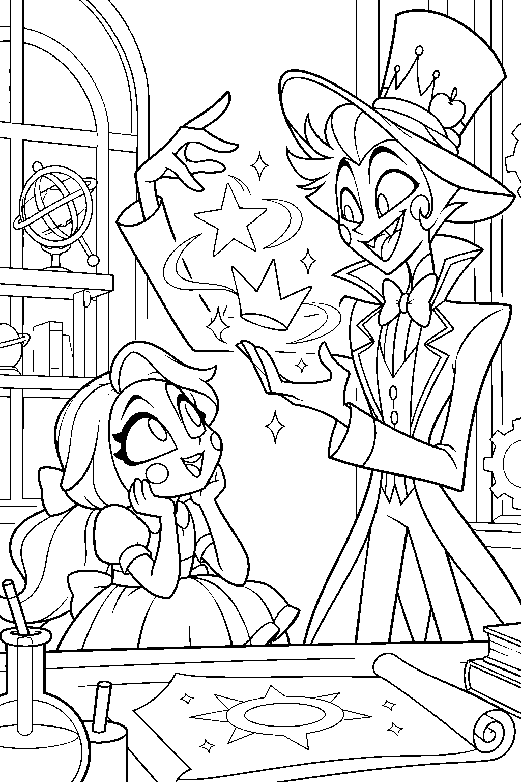 charlie morningstar as a child watching lucifer create magical shapes in his workshop line art