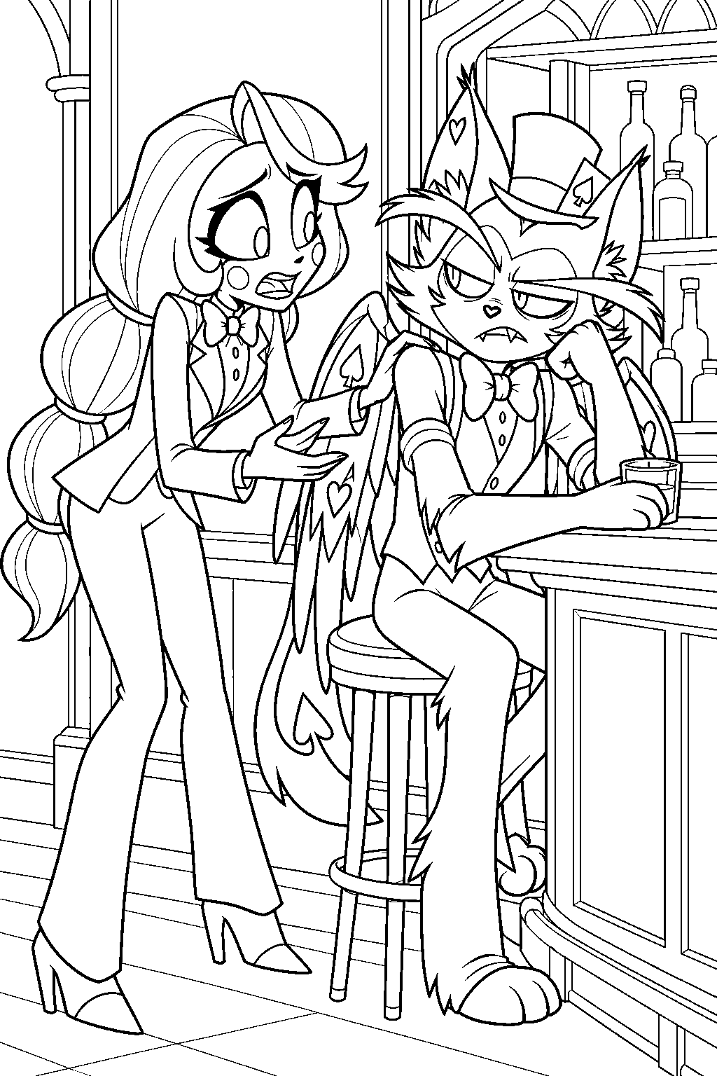 charlie morningstar asking husk to help angel dust beside the hotel bar line art