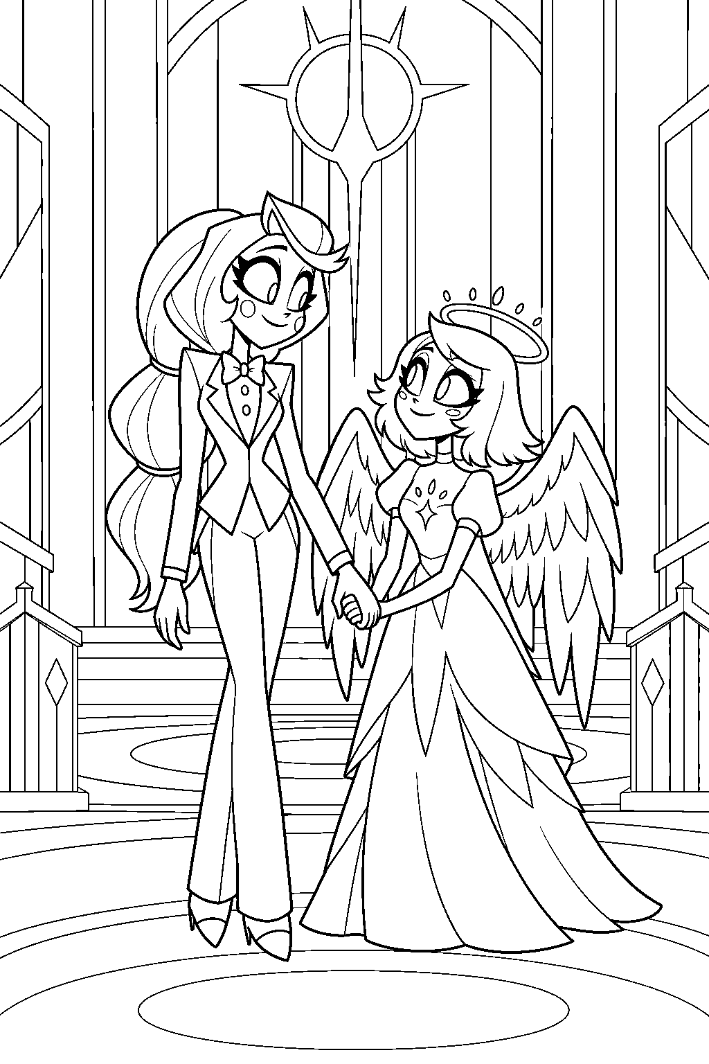 charlie morningstar clasping emily s hand as they stand together in heaven s courtroom line art