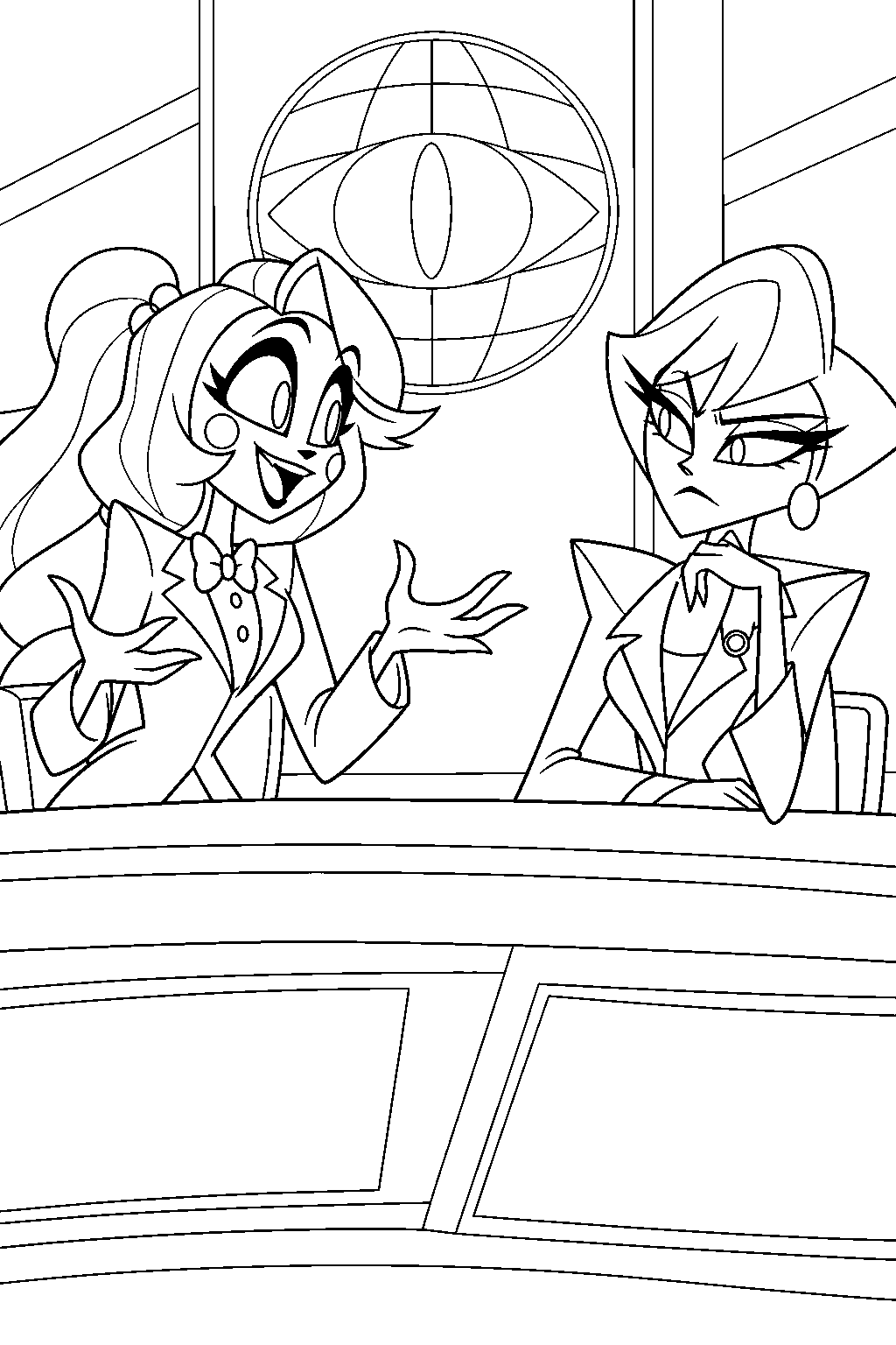 charlie morningstar explaining her hotel plan to katie killjoy at the 666 news desk line art