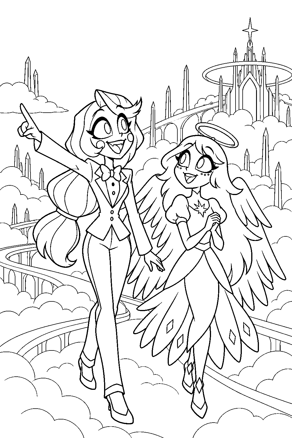 charlie morningstar exploring heaven with emily along a path above the clouds line art