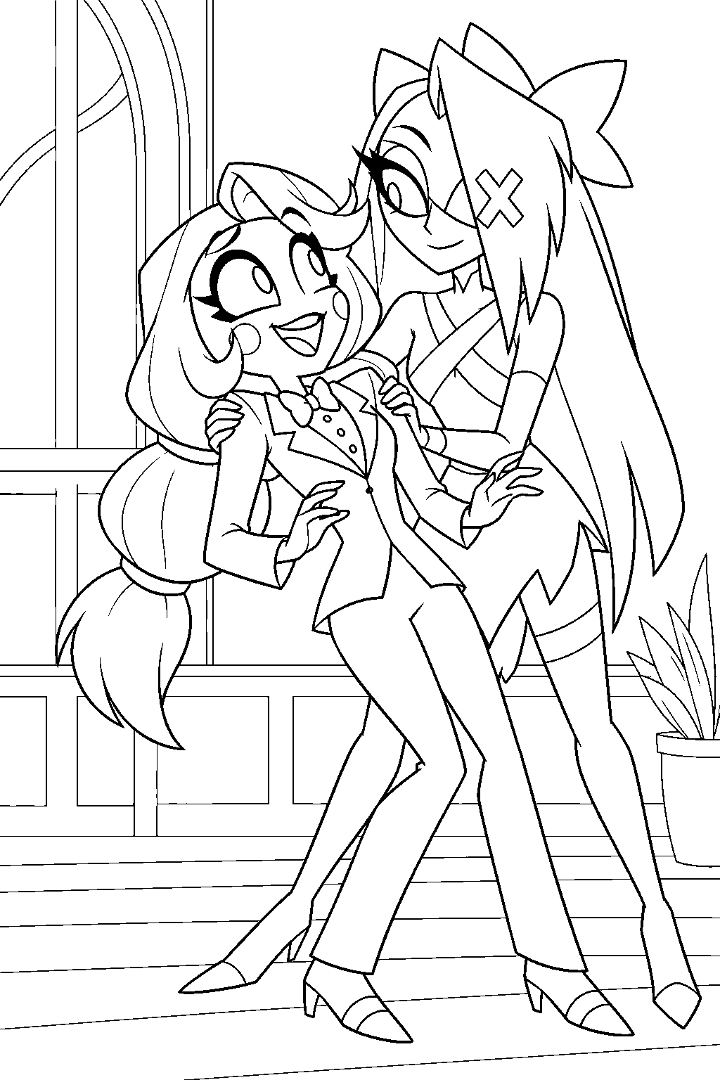charlie morningstar falling backward into vaggie s arms during a hotel trust exercise line art