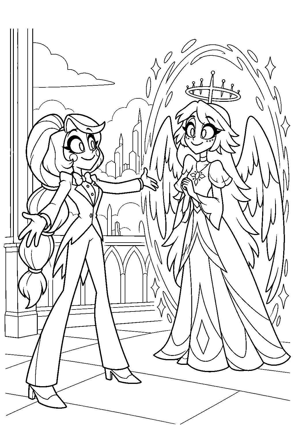 charlie morningstar greeting emily as a portal opens onto the hotel balcony line art