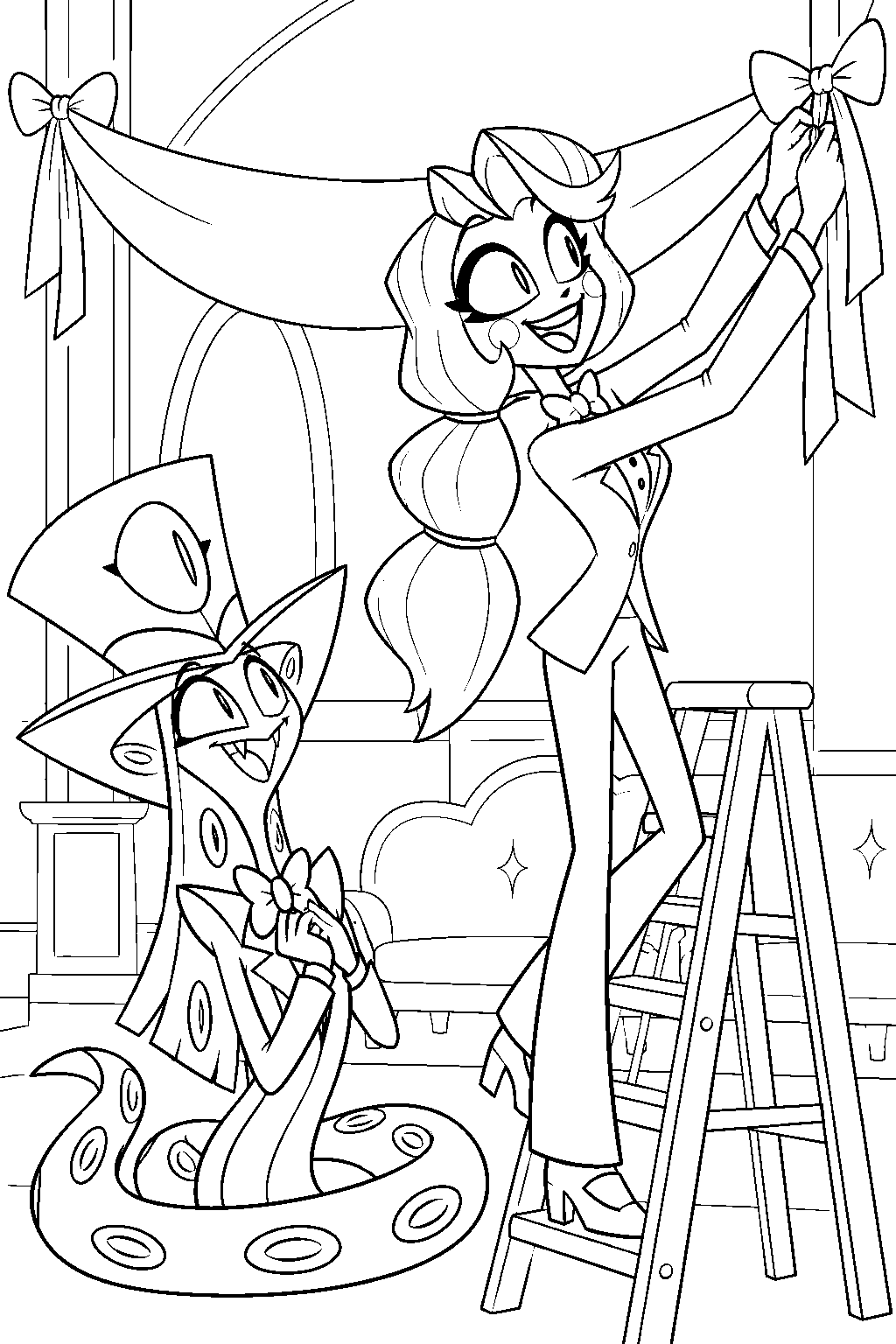 charlie morningstar hanging a celebration banner for sir pentious s first week at the hotel line art