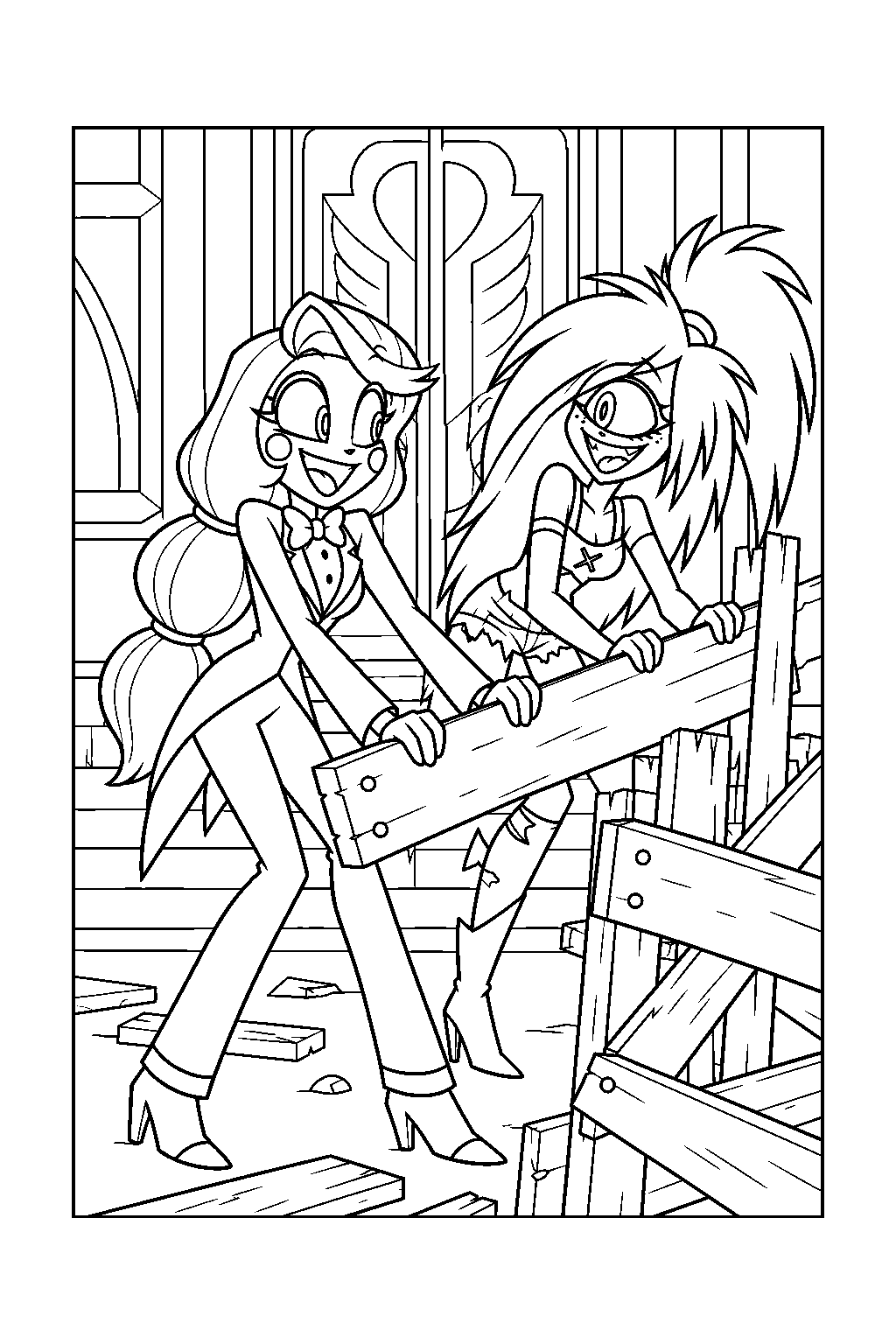 charlie morningstar helping cherri bomb build a barricade outside the hazbin hotel line art
