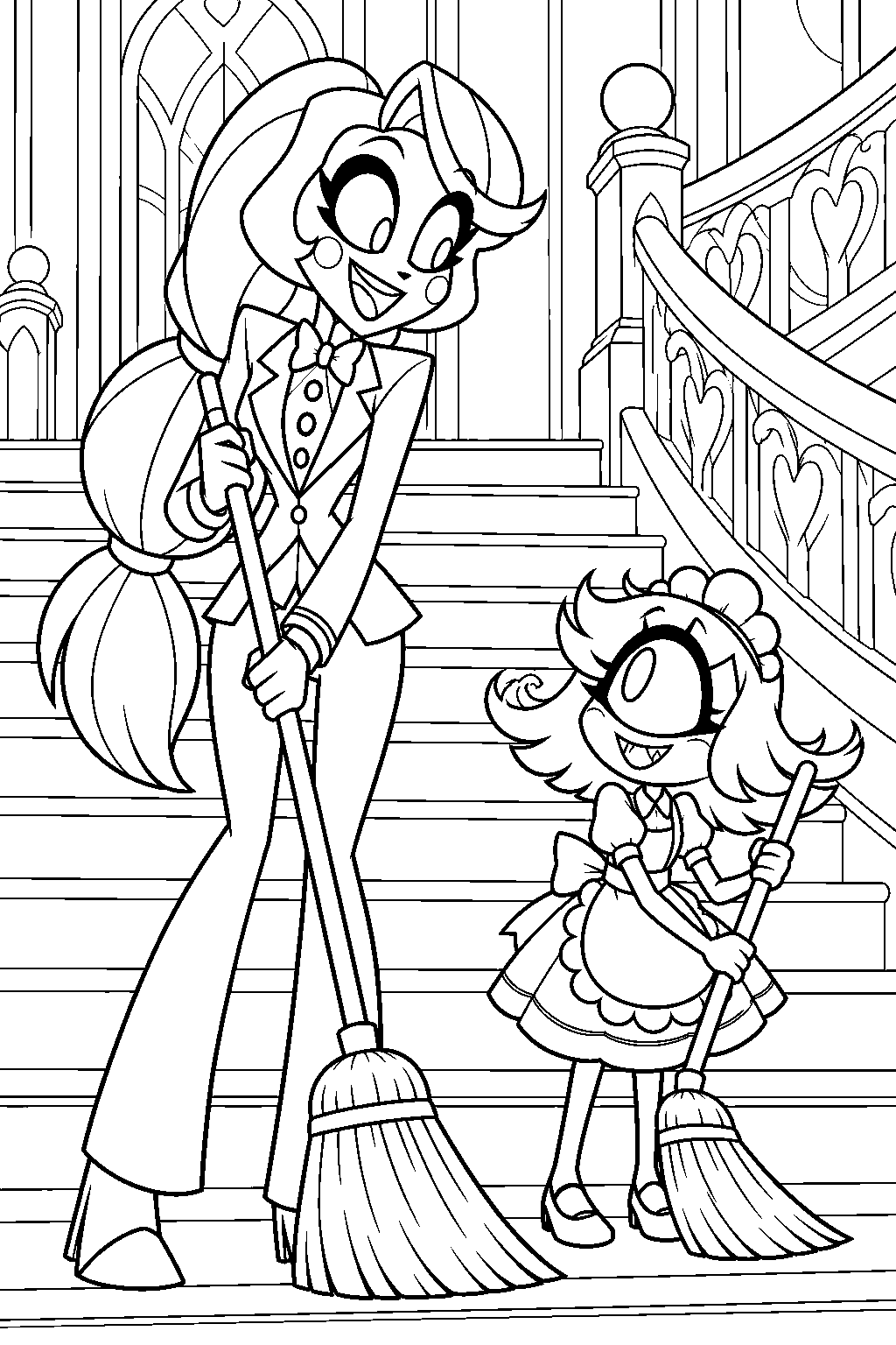 charlie morningstar helping niffty sweep the rebuilt hotel s grand staircase line art